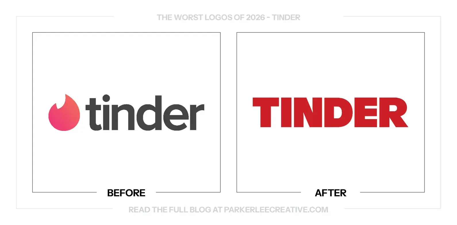 Tinder logo before and after the identity update.