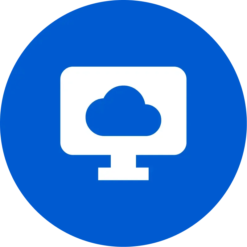Blue circular icon with a white monitor and cloud.