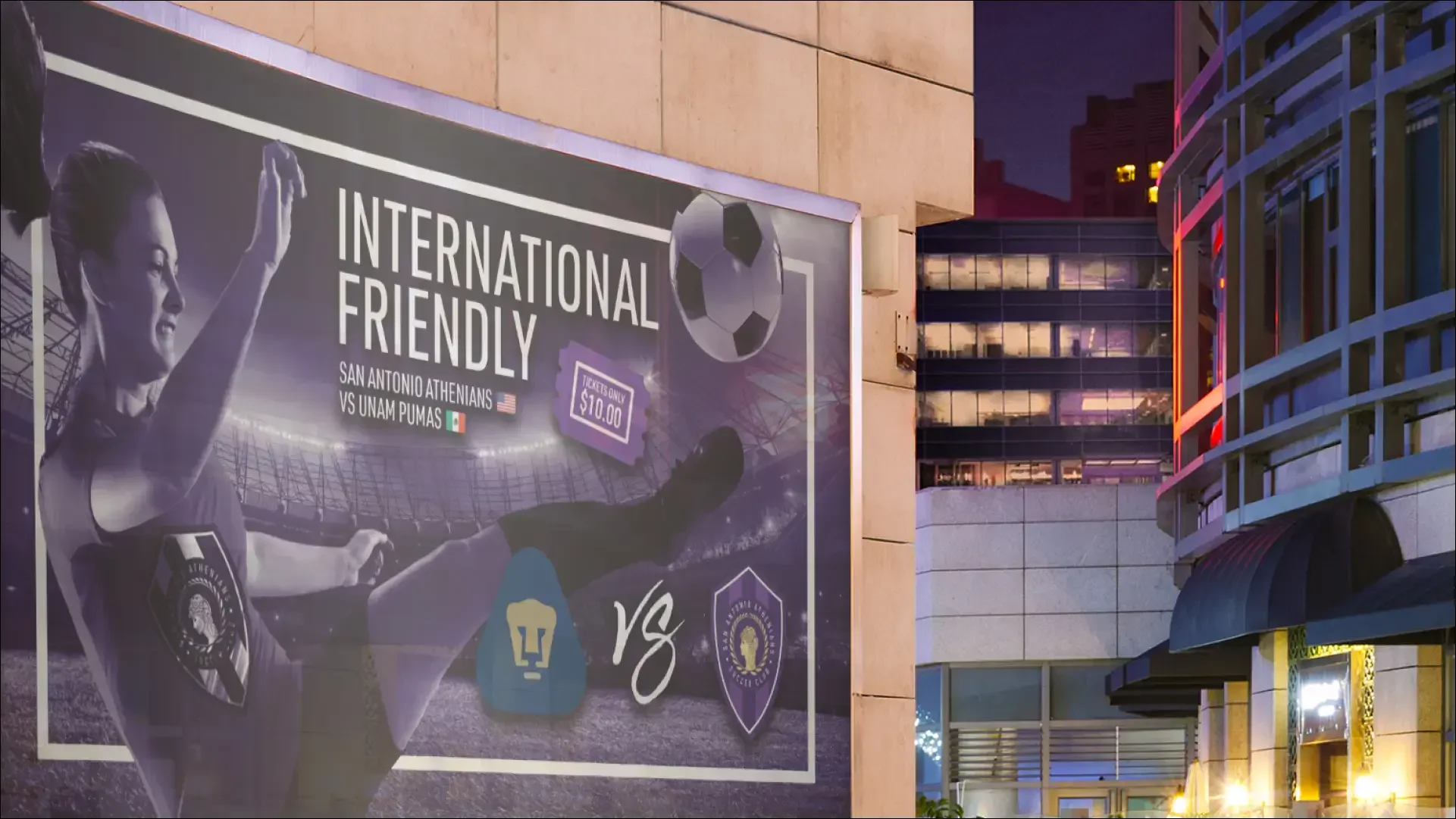 San Antonio Athenians international friendly soccer billboard at night.