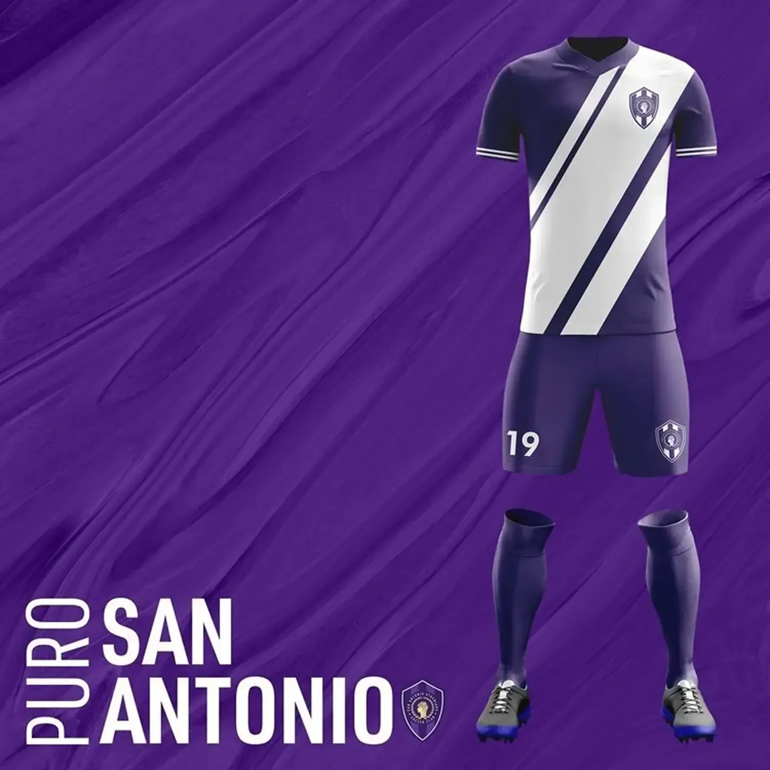 Puro San Antonio black-and-white soccer uniform on purple graphic
