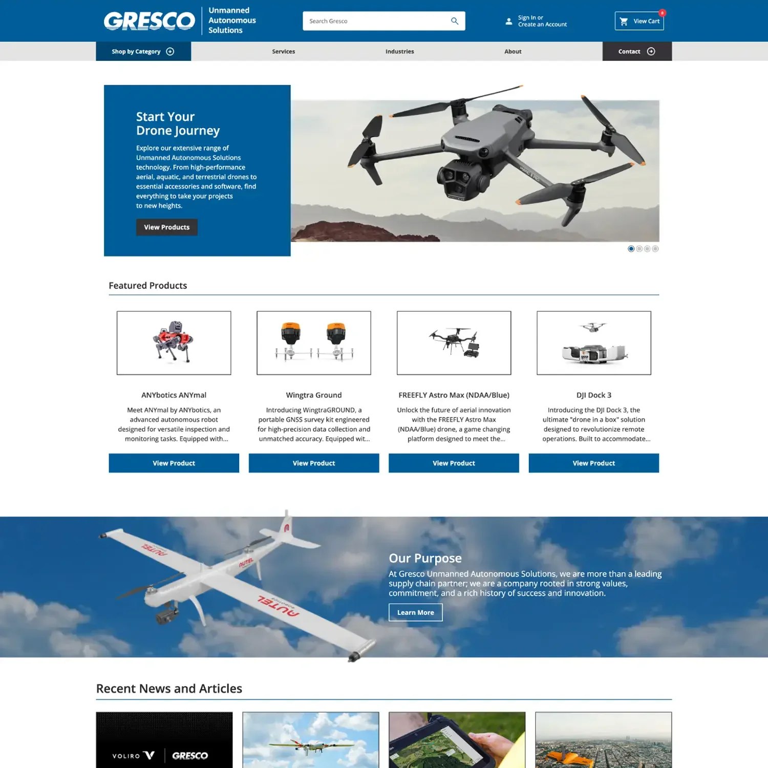 Gresco drone-supply website homepage