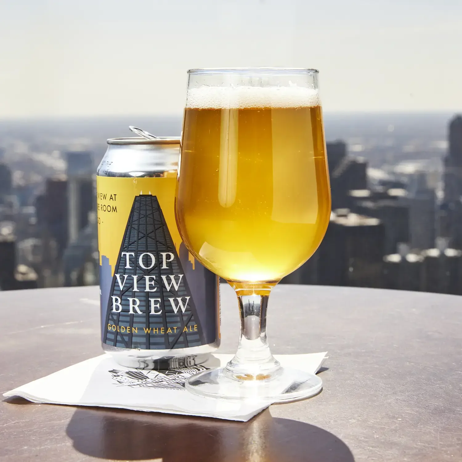 Top View Brew beer can and pint glass on a rooftop