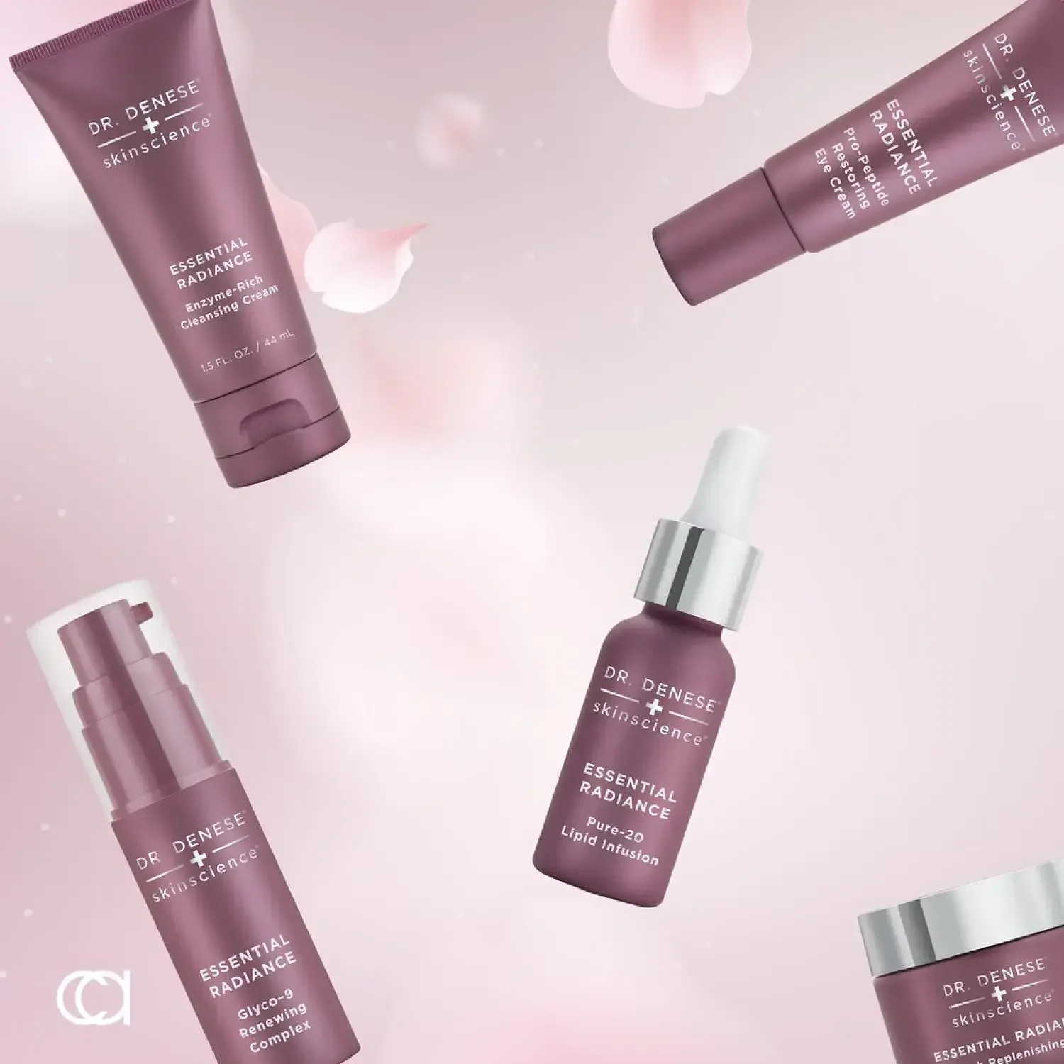 Skincare products arranged in a pink social campaign graphic