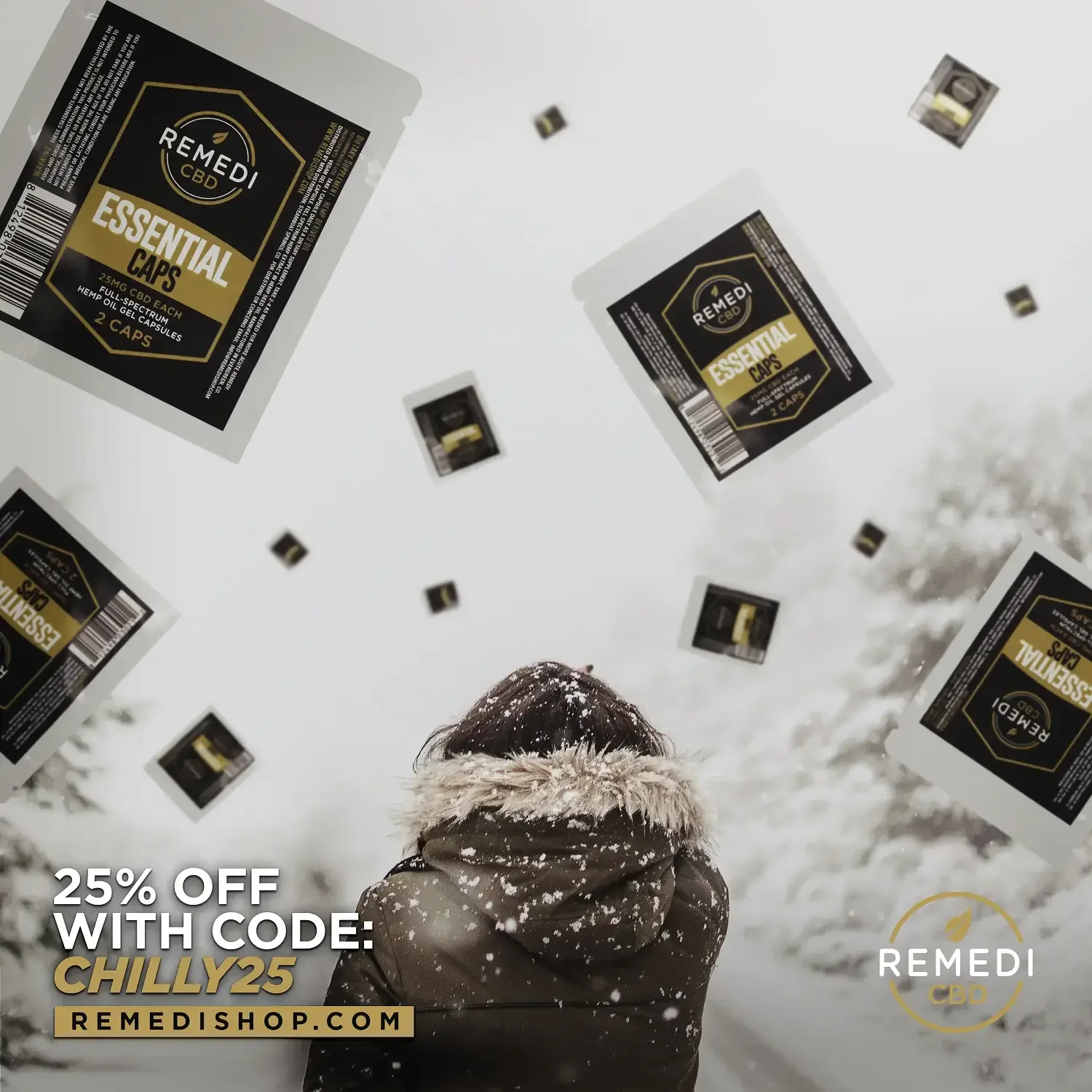 Remedi CBD winter discount promotional graphic