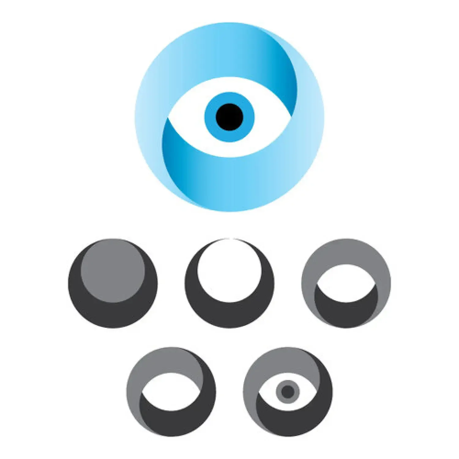Blue eye symbol with five grayscale circle studies
