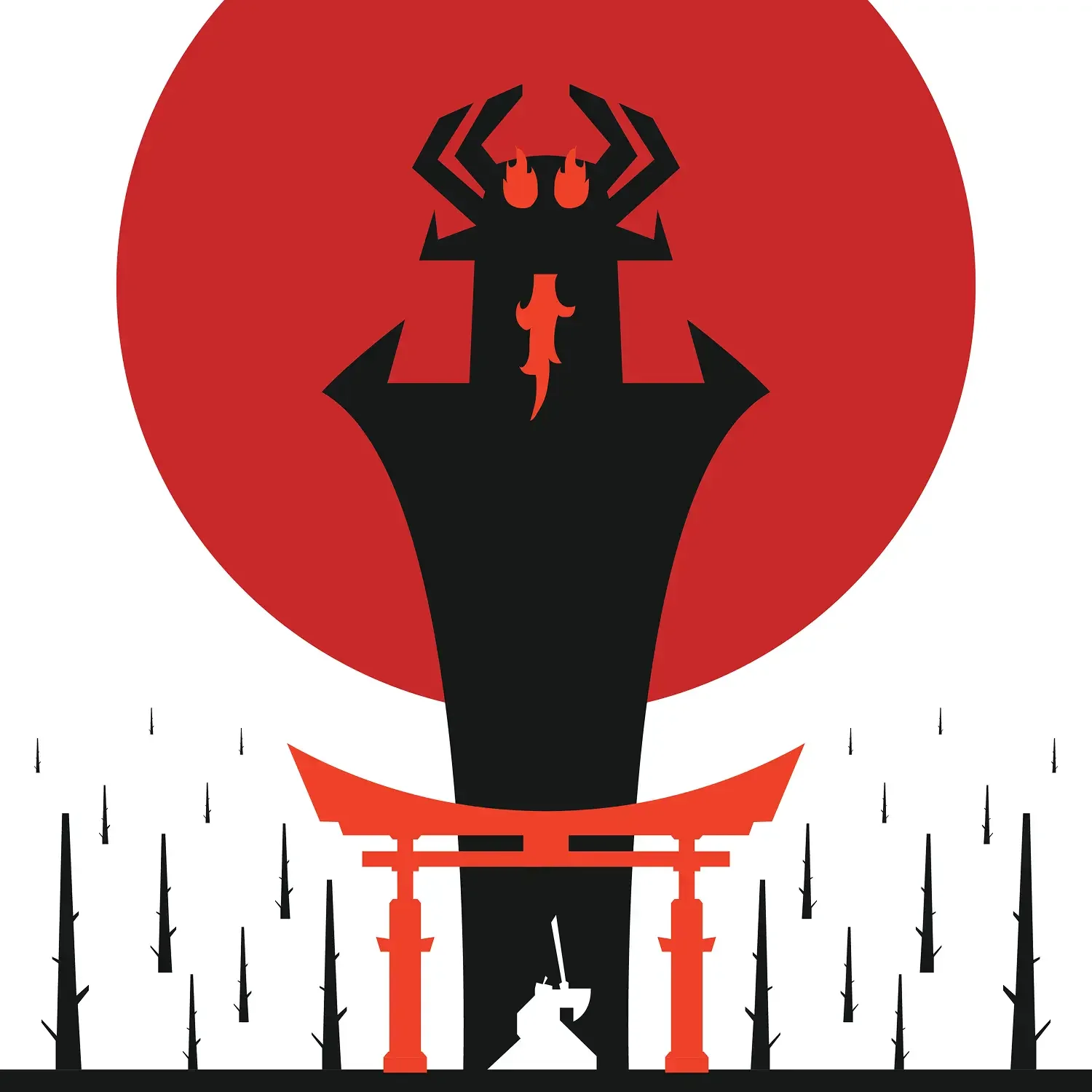Samurai silhouette beneath a red sun and torii gate