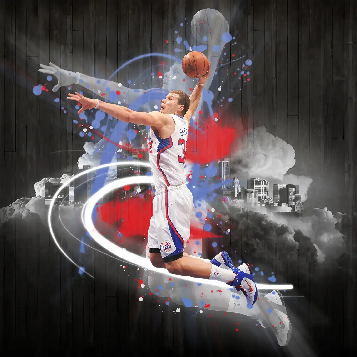 Basketball player dunking over an abstract city collage