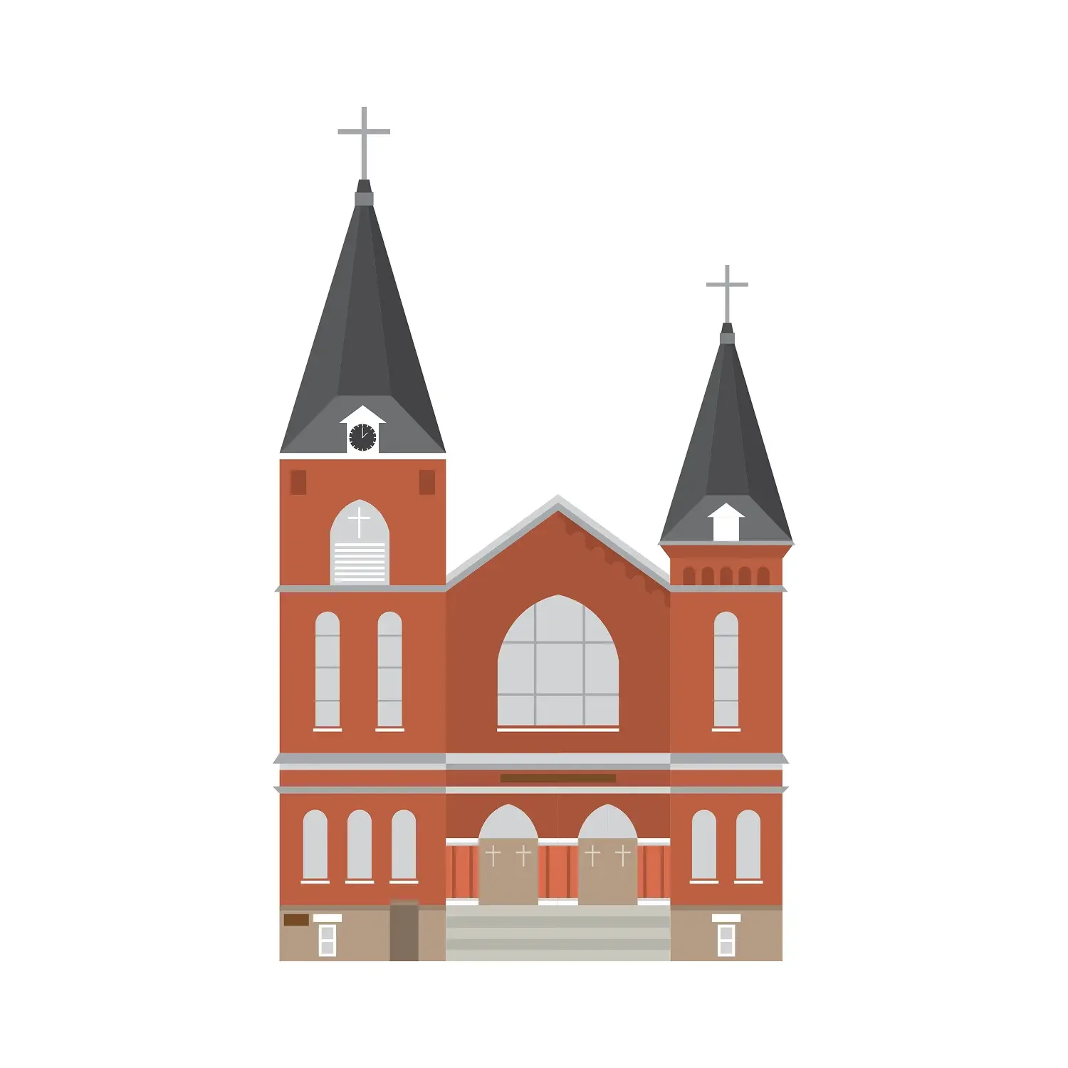 Red brick church with twin steeples