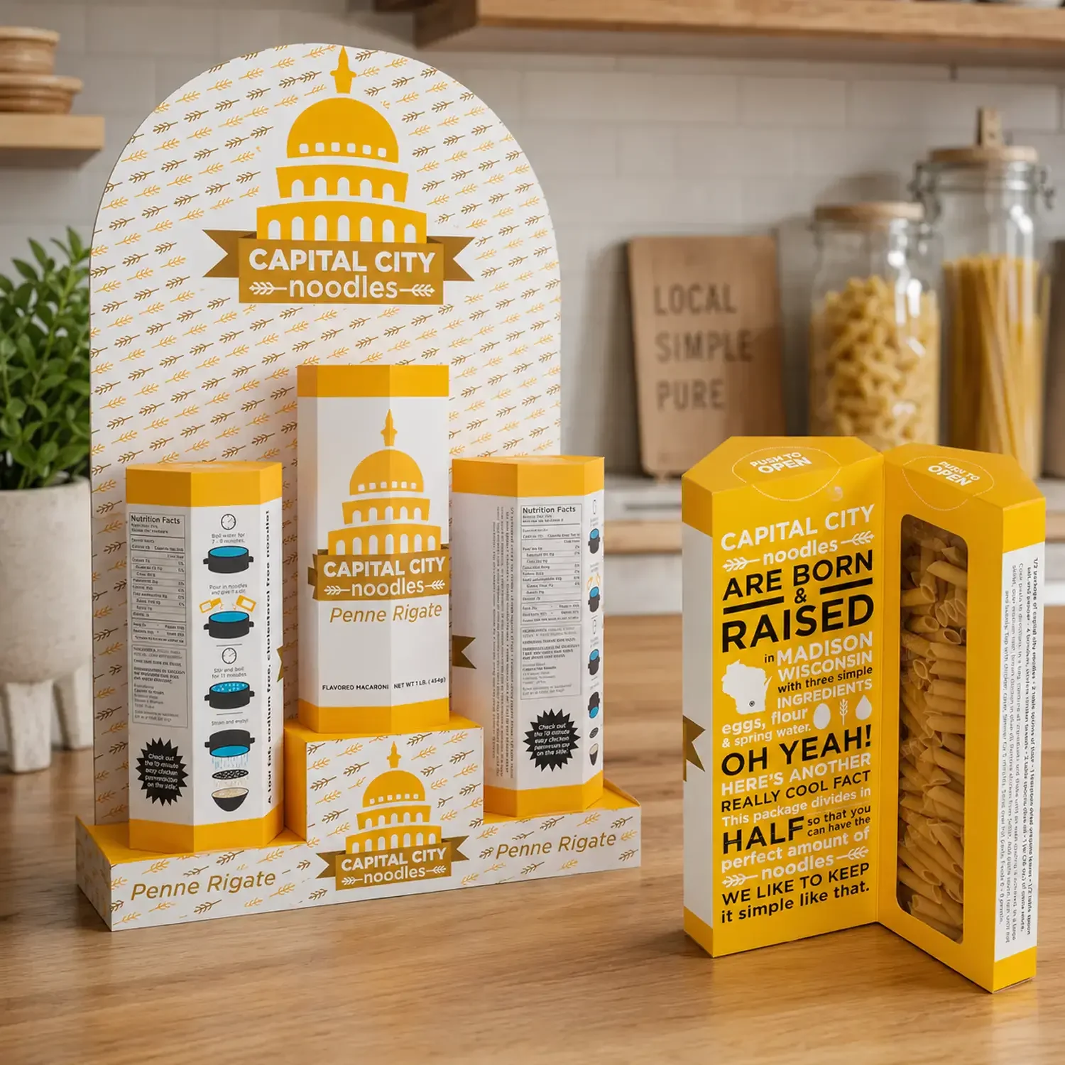 Capital City Noodles packaging and point-of-sale display