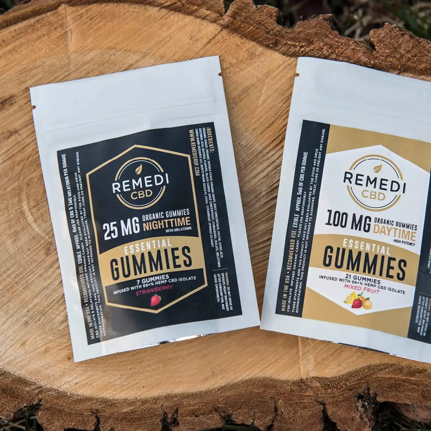 Remedi CBD gummy pouches in black and white packaging