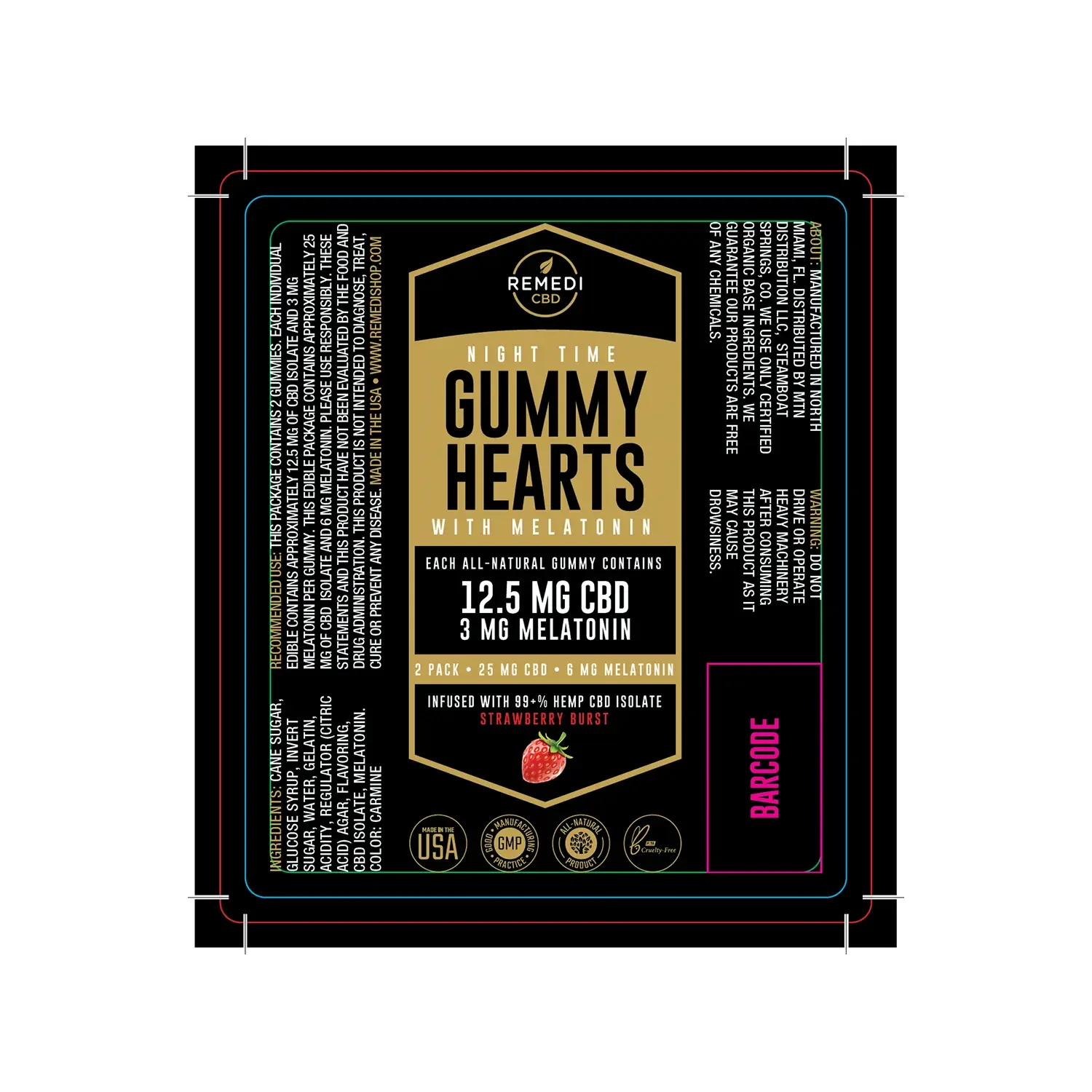 Remedi Gummy Hearts package dieline in black and magenta