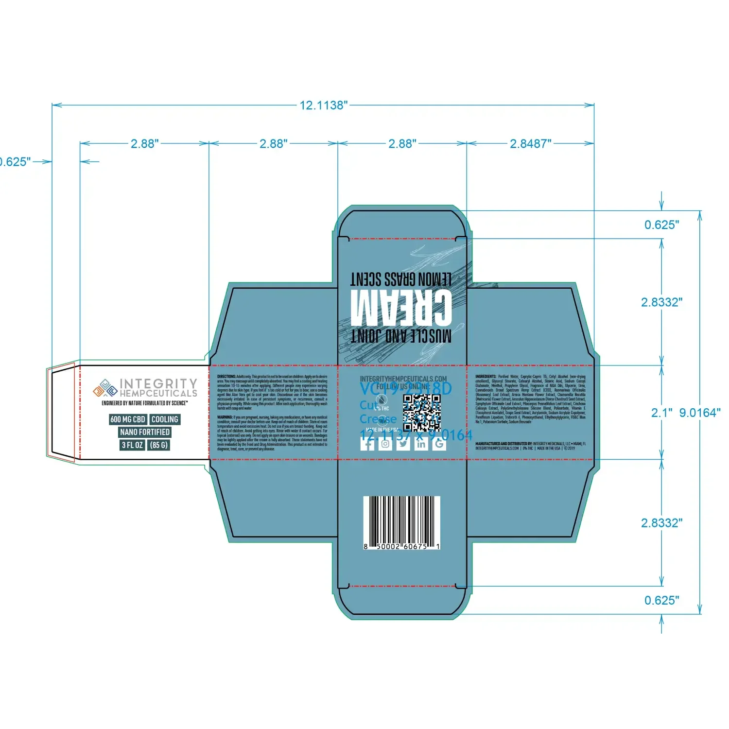 Cooling cream carton dieline with blue technical label design