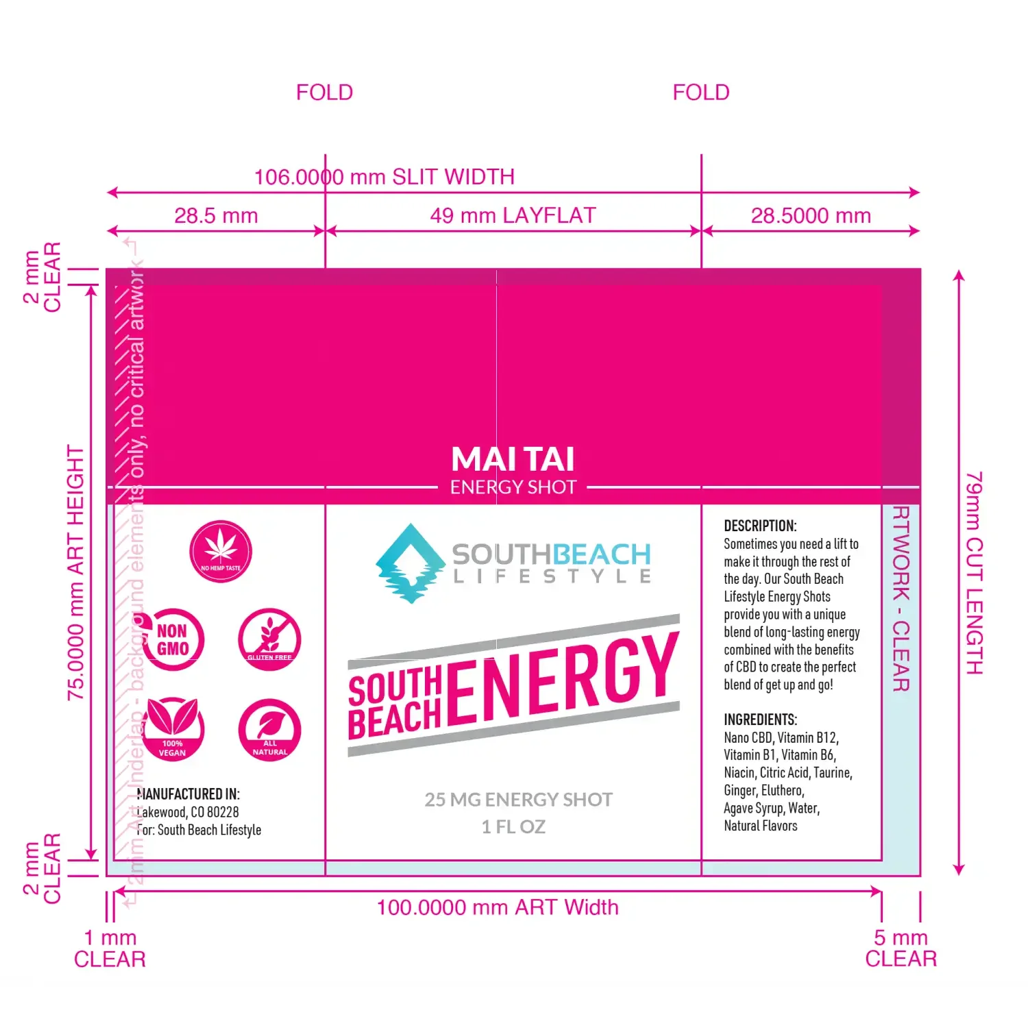 South Beach Energy shot label dieline