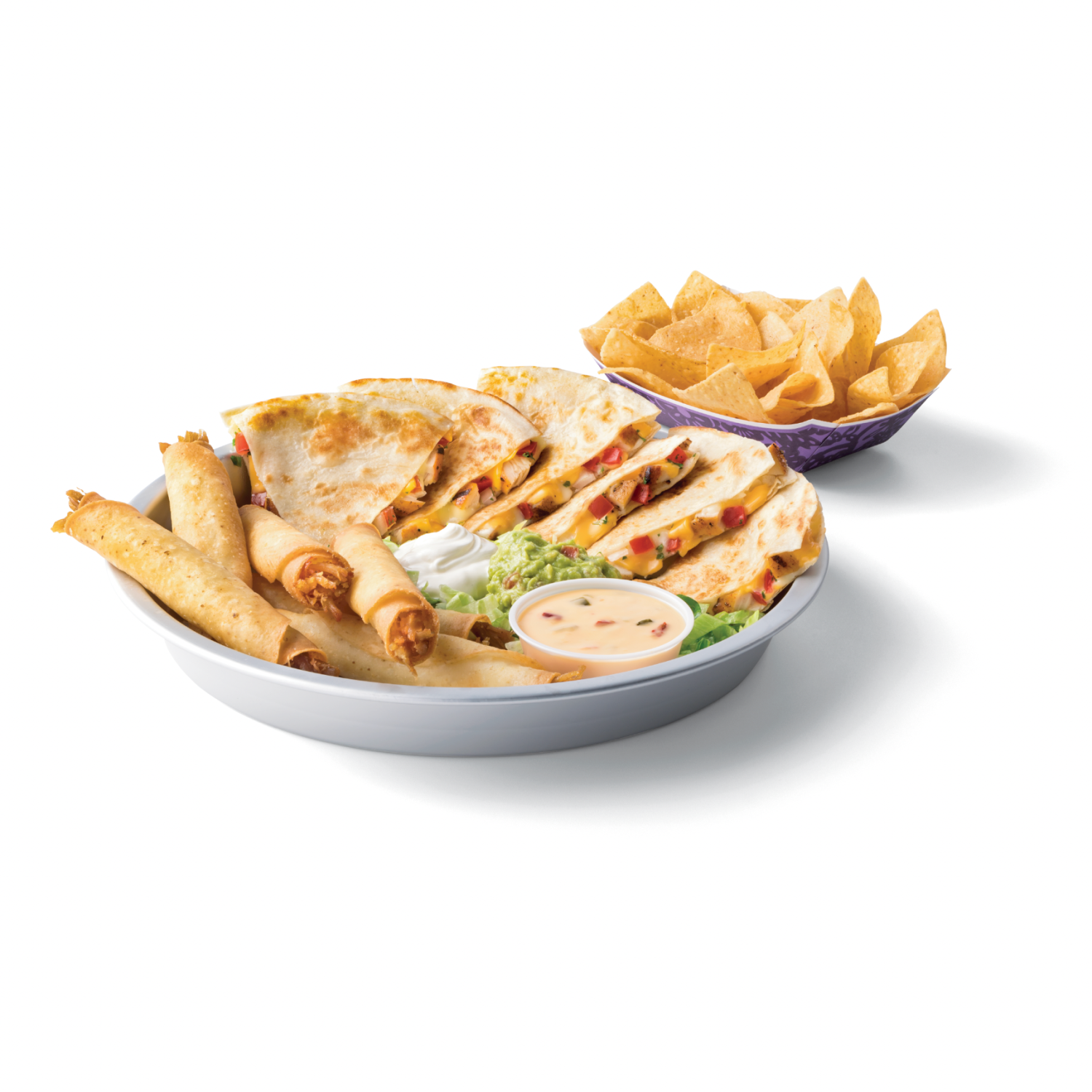 Quesadillas and rolled tacos served with chips