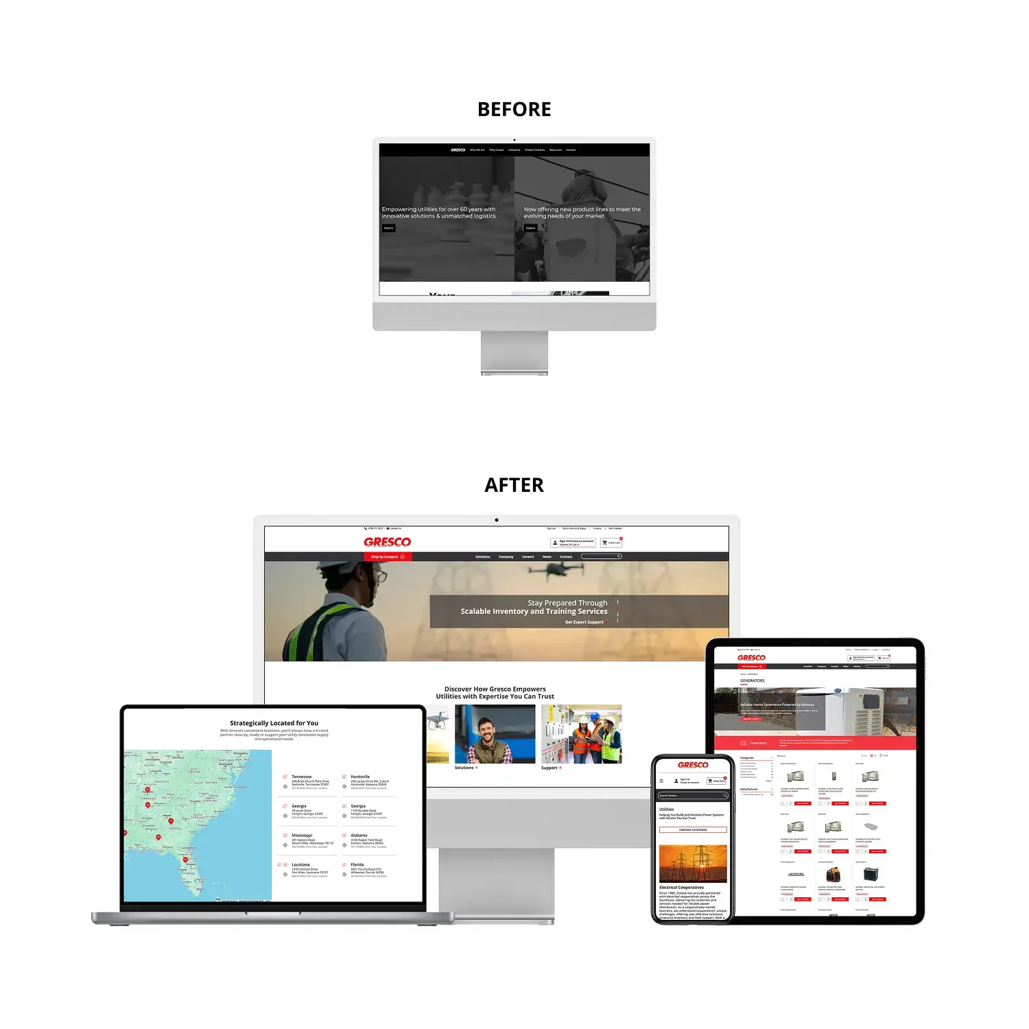 Responsive Gresco website redesign before-and-after comparison