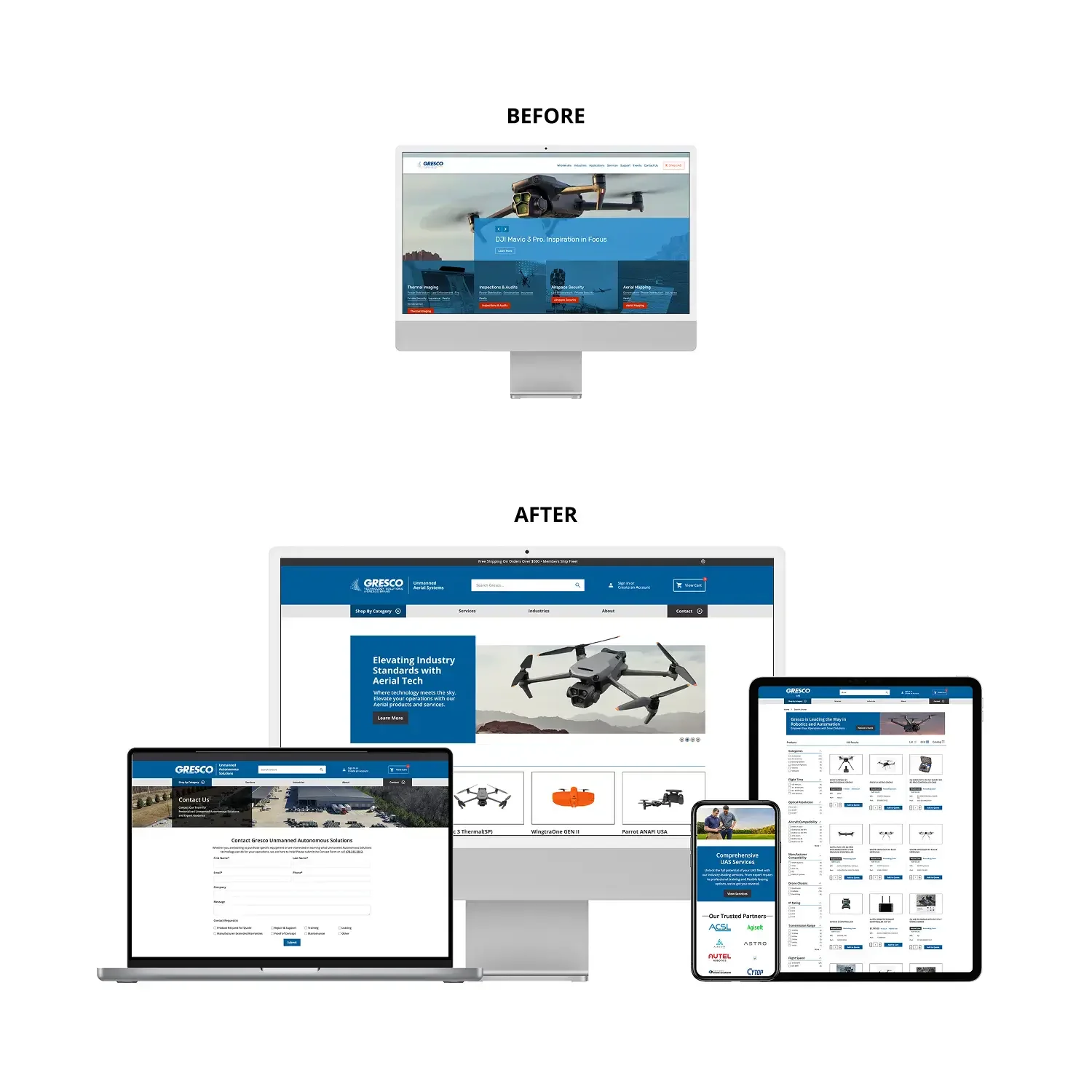 Aviation parts ecommerce website before-and-after across four devices