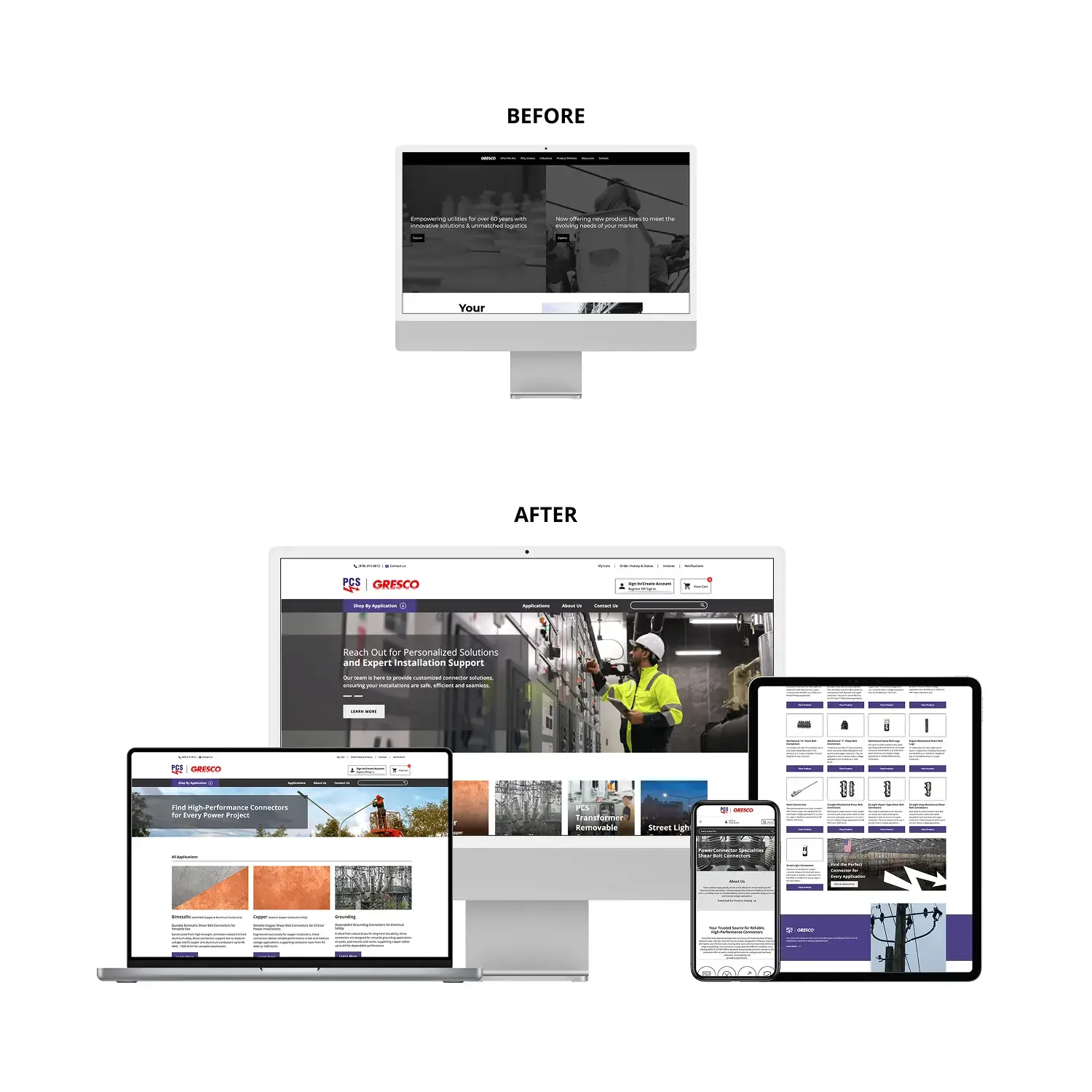 Industrial services website before-and-after across desktop, tablet, and phone