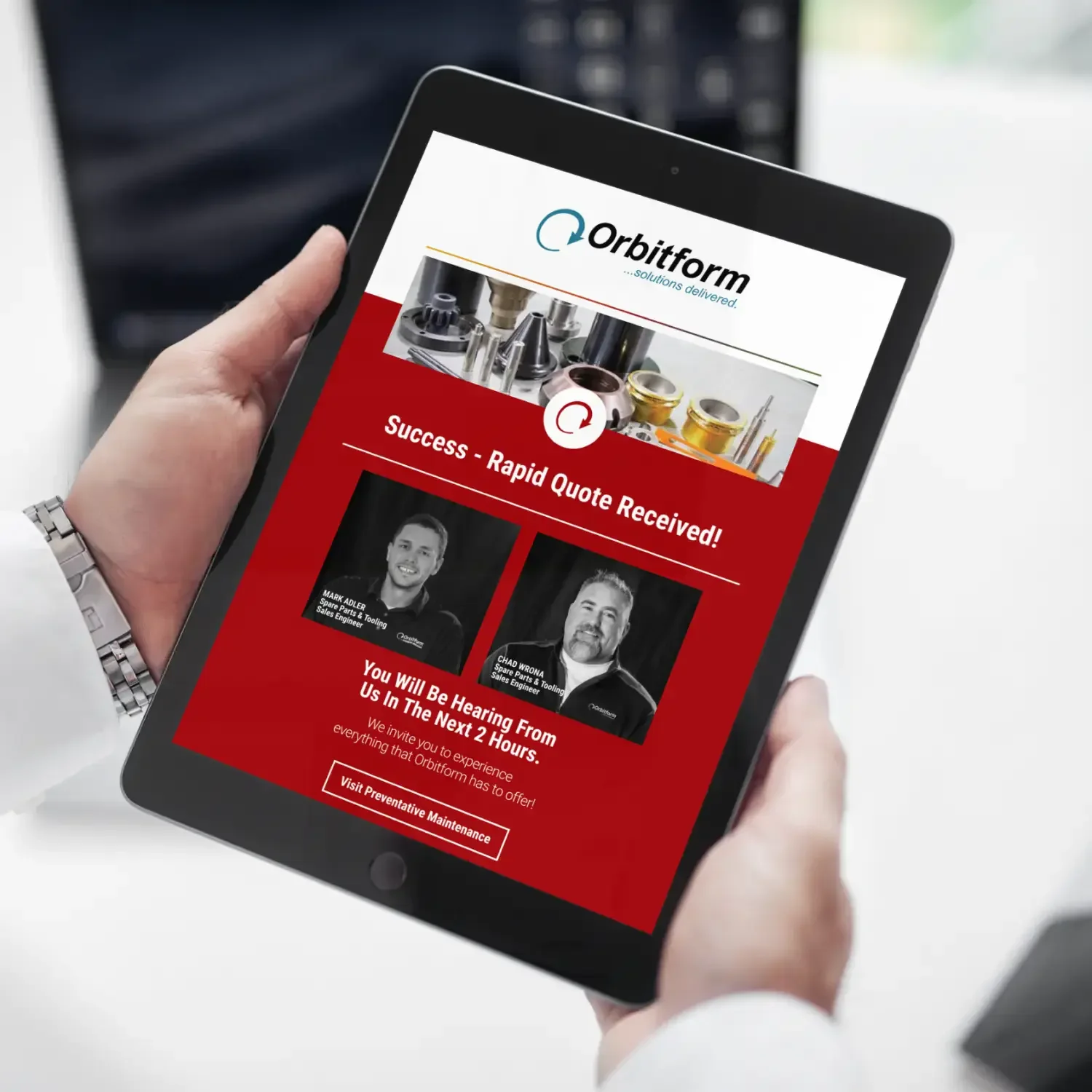Orbitform success story webpage displayed on a tablet
