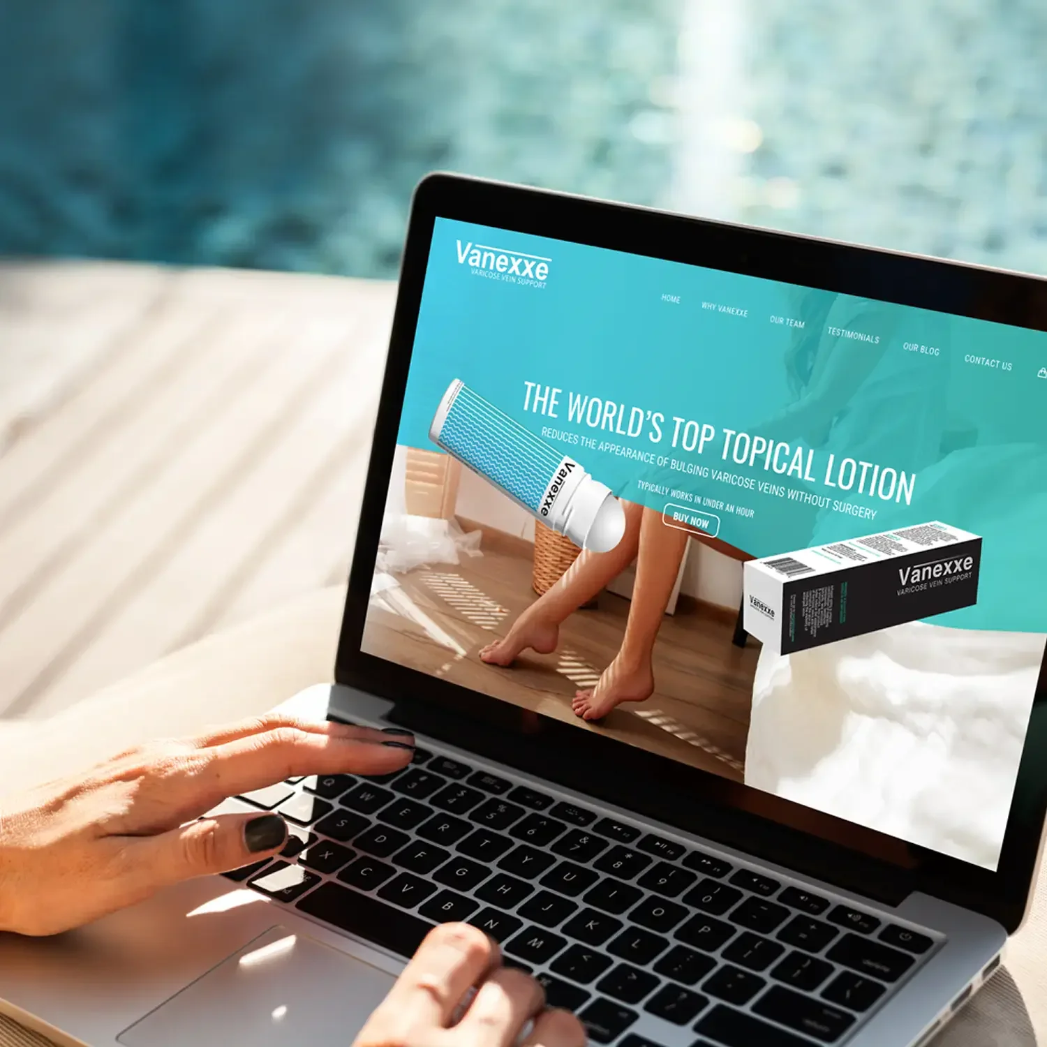 Vanexxe topical lotion website displayed on a laptop