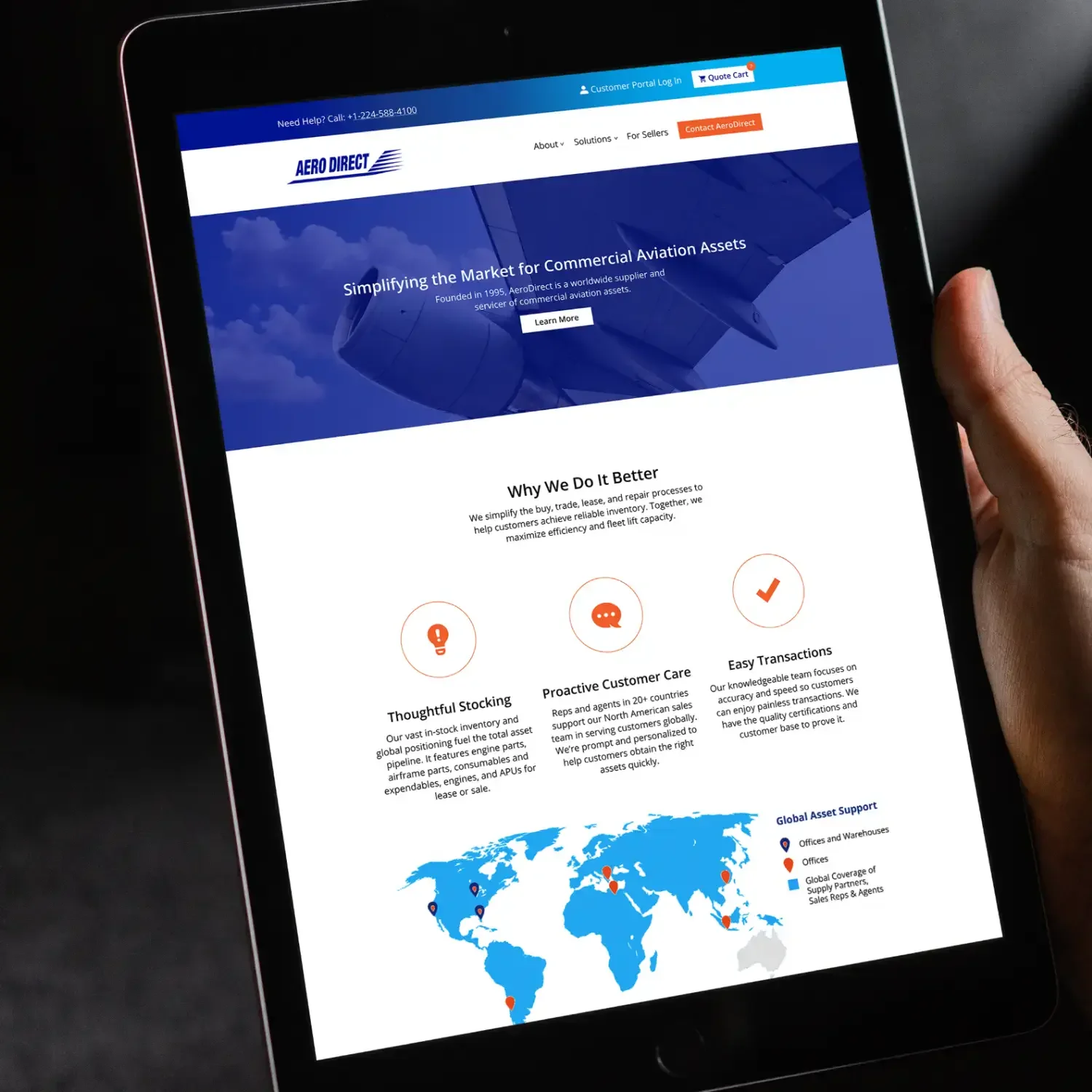 AeroDirect aviation inventory website displayed on a tablet