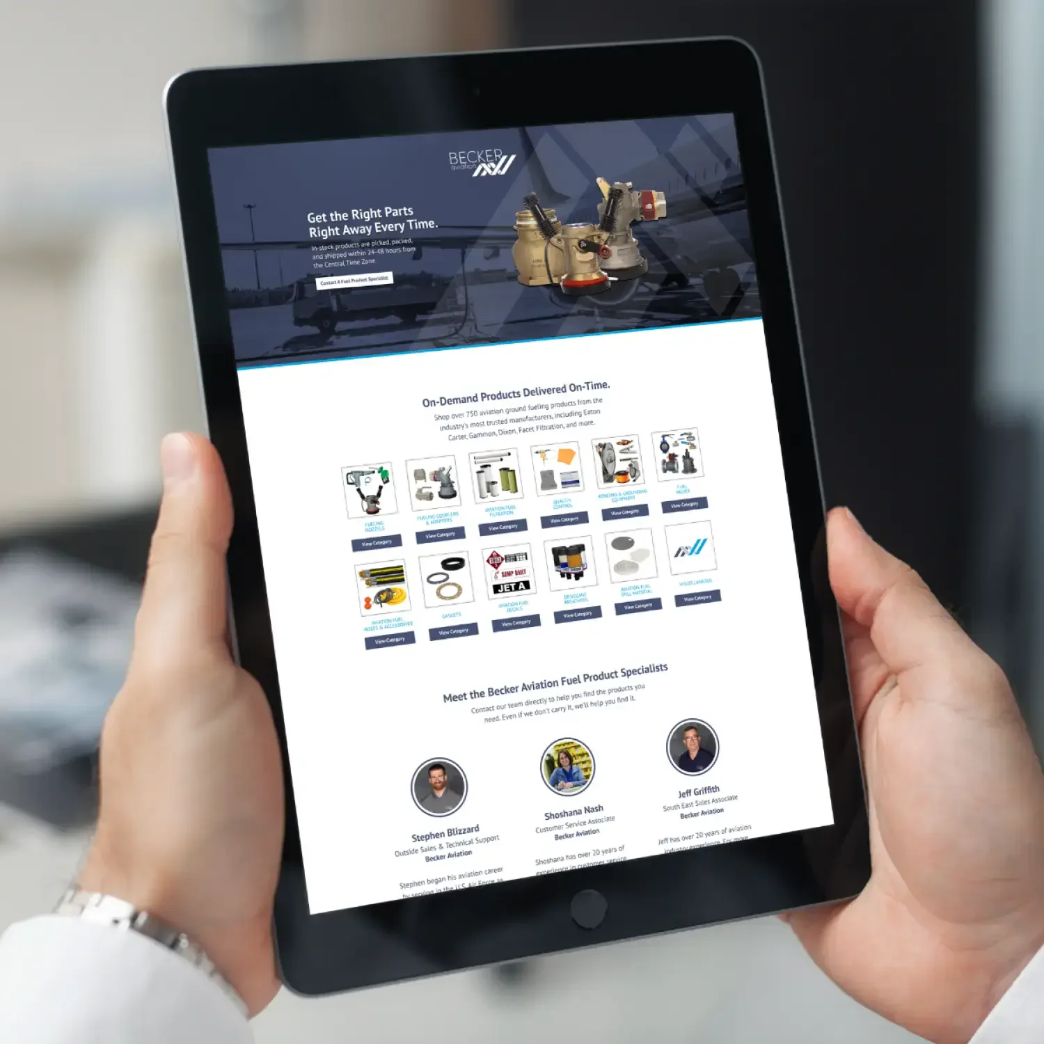 Industrial replacement parts catalog website displayed on a tablet