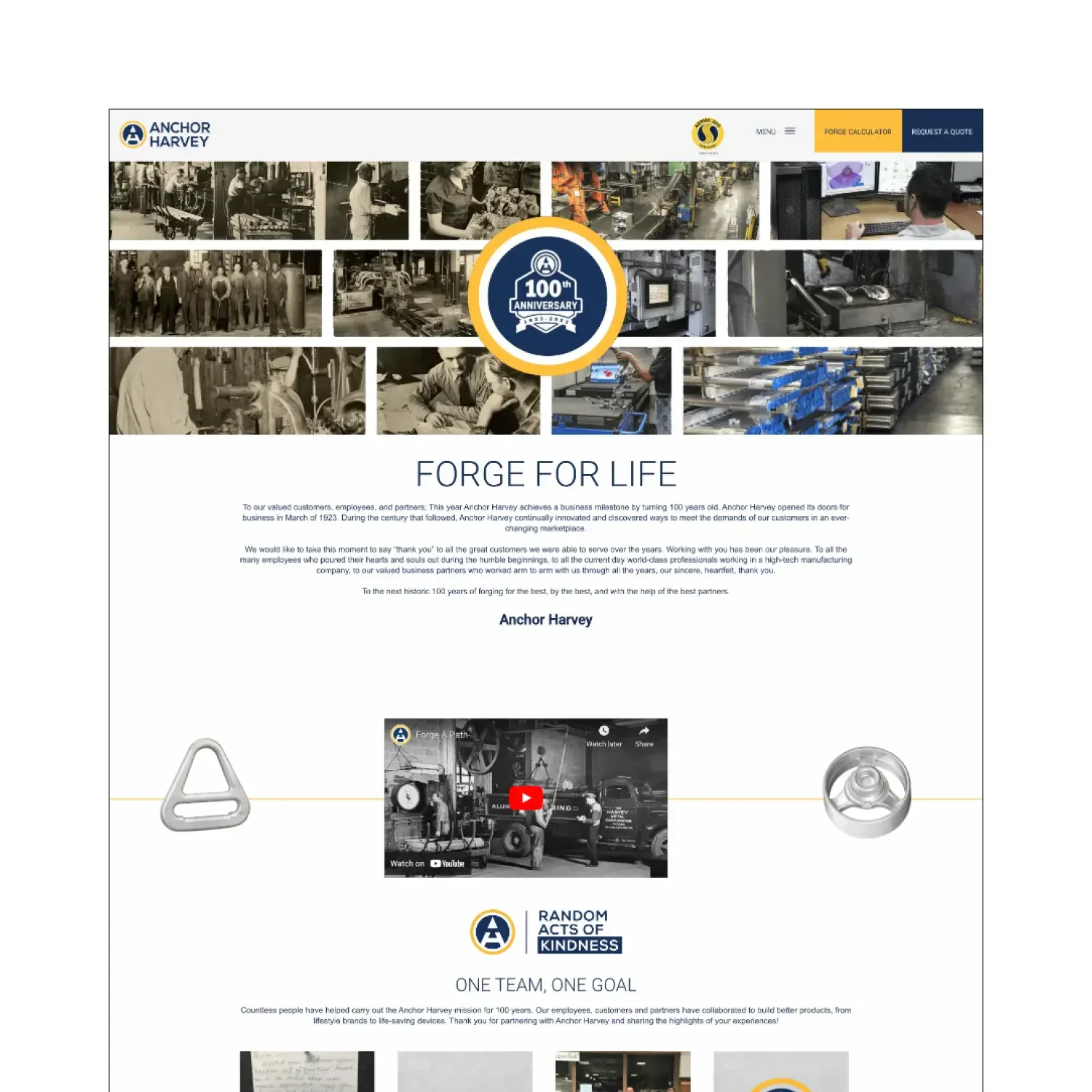 Anchor Harvey manufacturing homepage with a 100-year anniversary graphic
