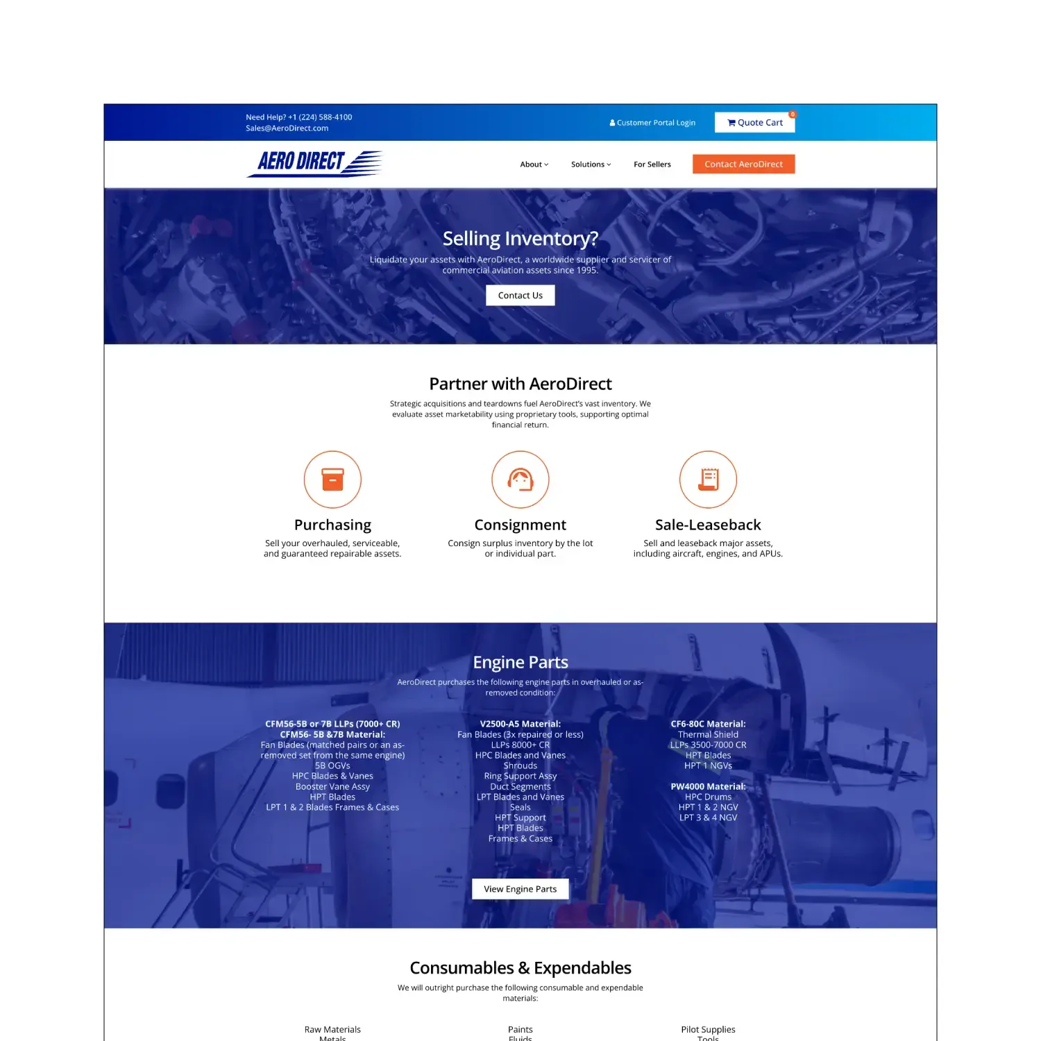AeroDirect aircraft parts inventory website homepage