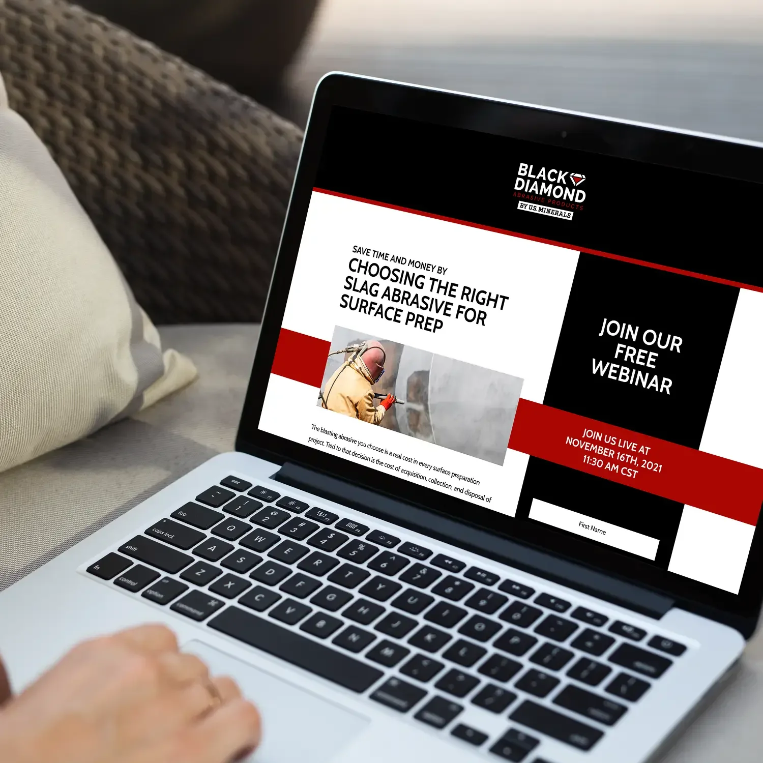 Black Diamond surface prep webinar website displayed on a laptop