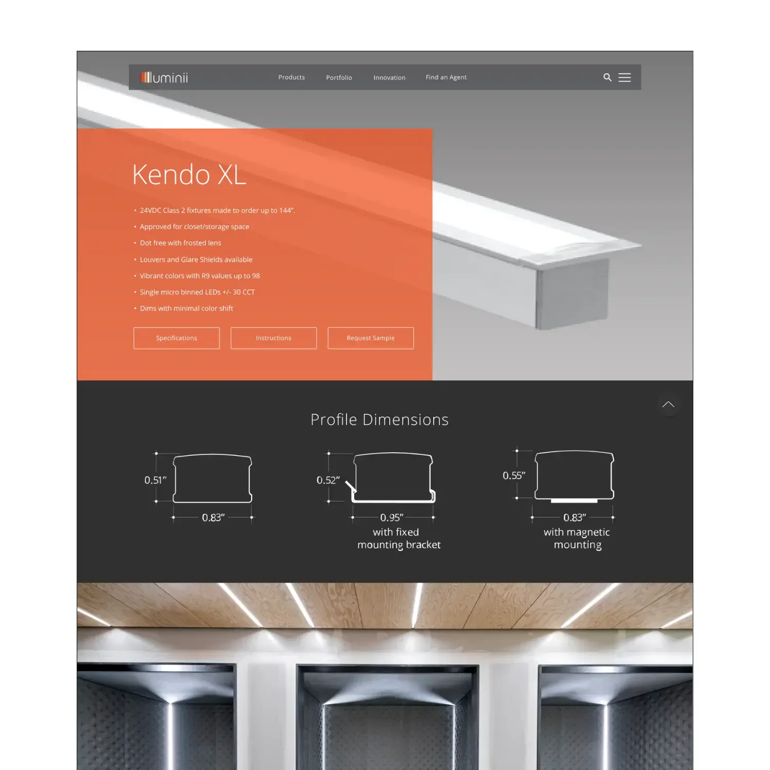 Kendo XL architectural profile page with dimensions and lighting examples