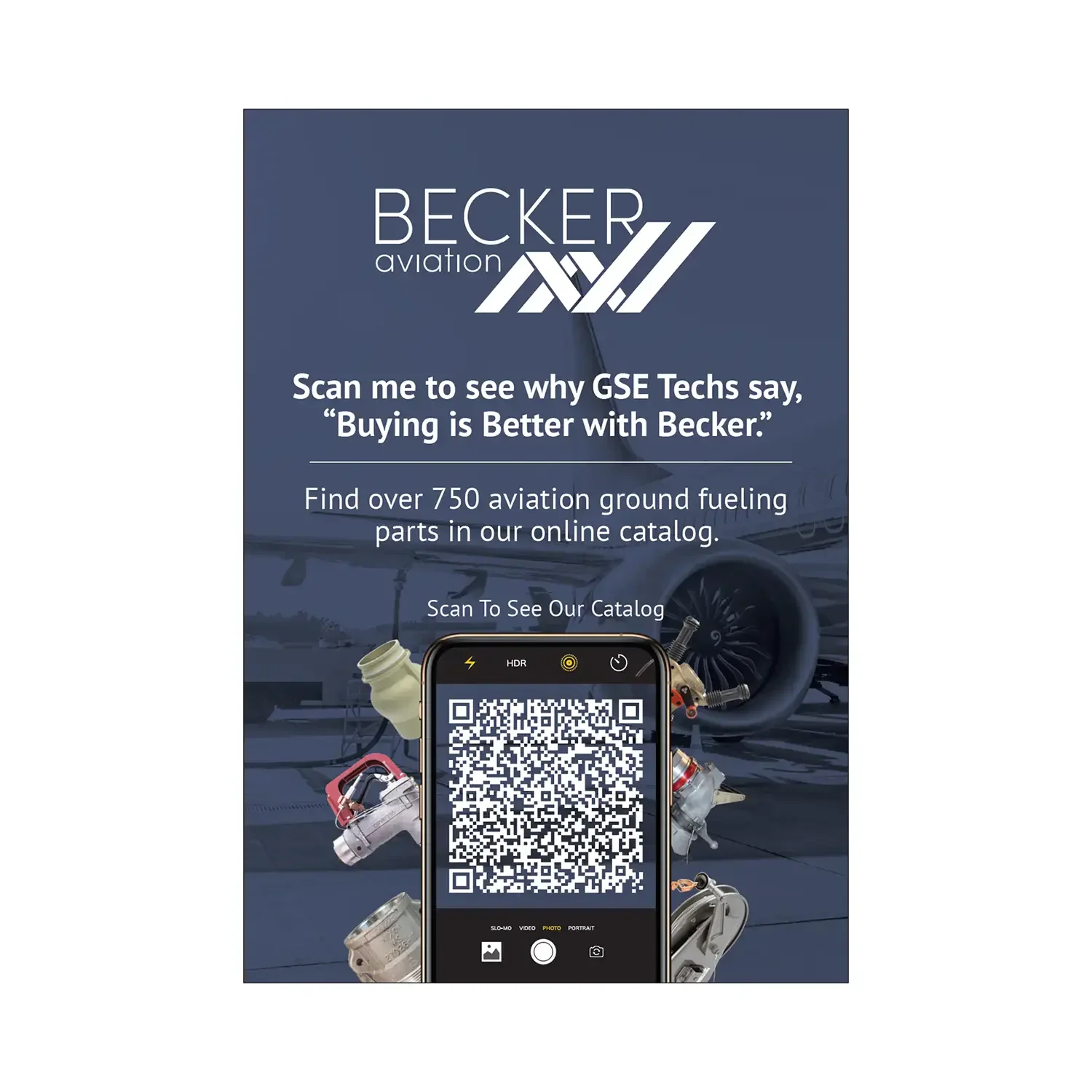 Becker Aviation QR-code ad for aviation ground fueling parts