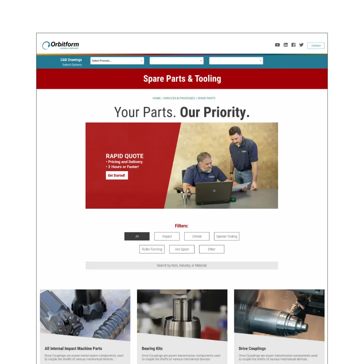 Orbitform spare parts and tooling website homepage