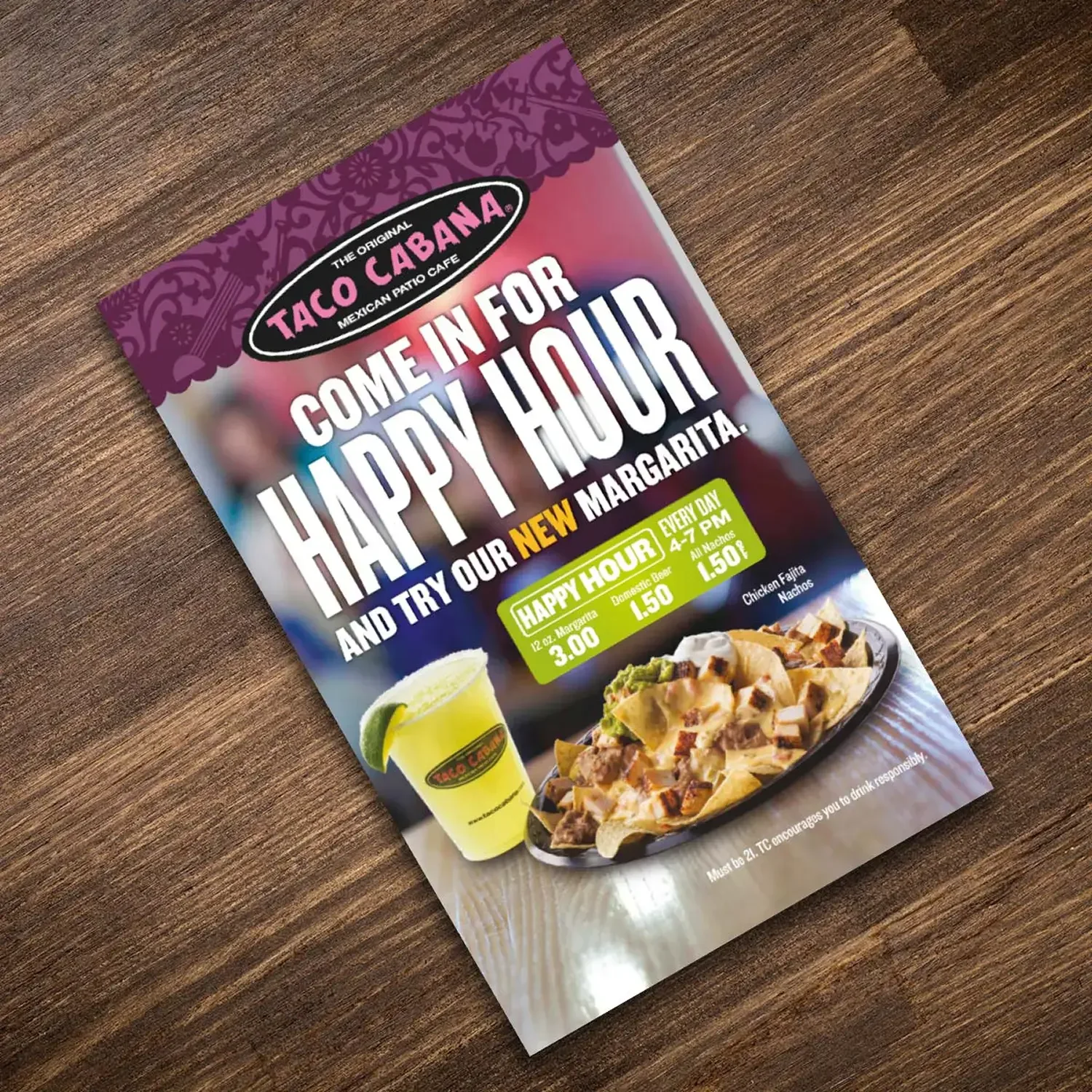 Taco Cabana happy hour table tent