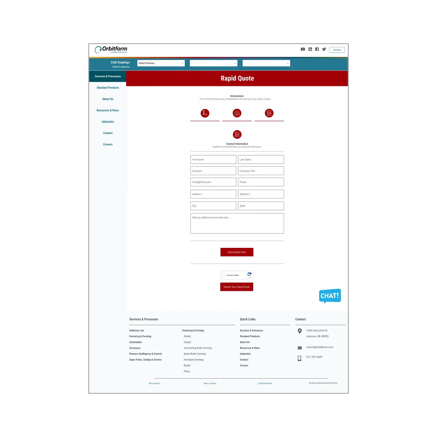 Orbitform rapid quote request webpage