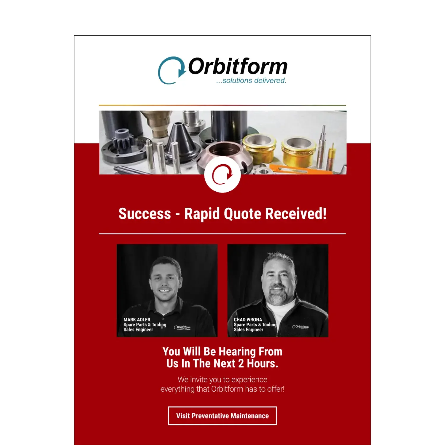Orbitform rapid quote received confirmation email