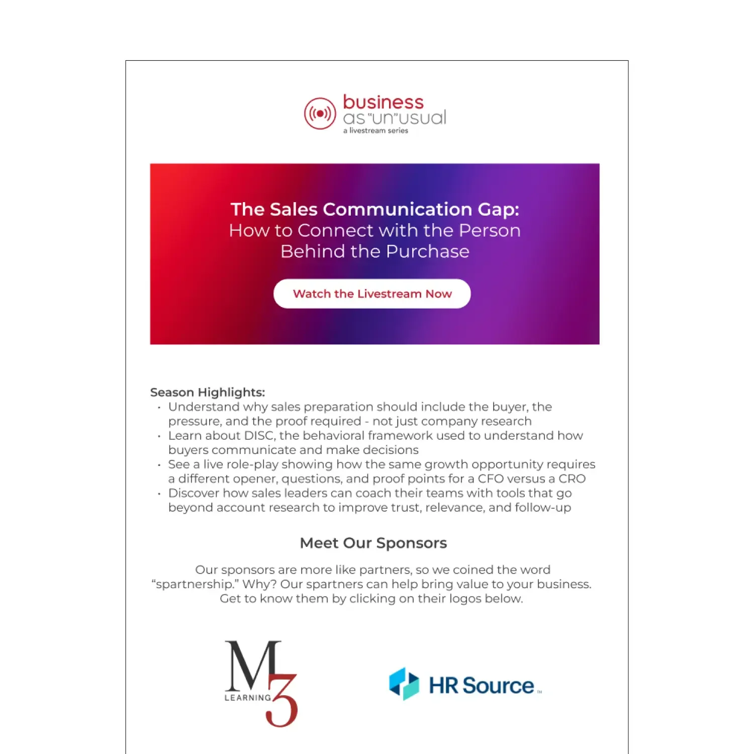 Sales Communication Gap campaign email with sponsor logos