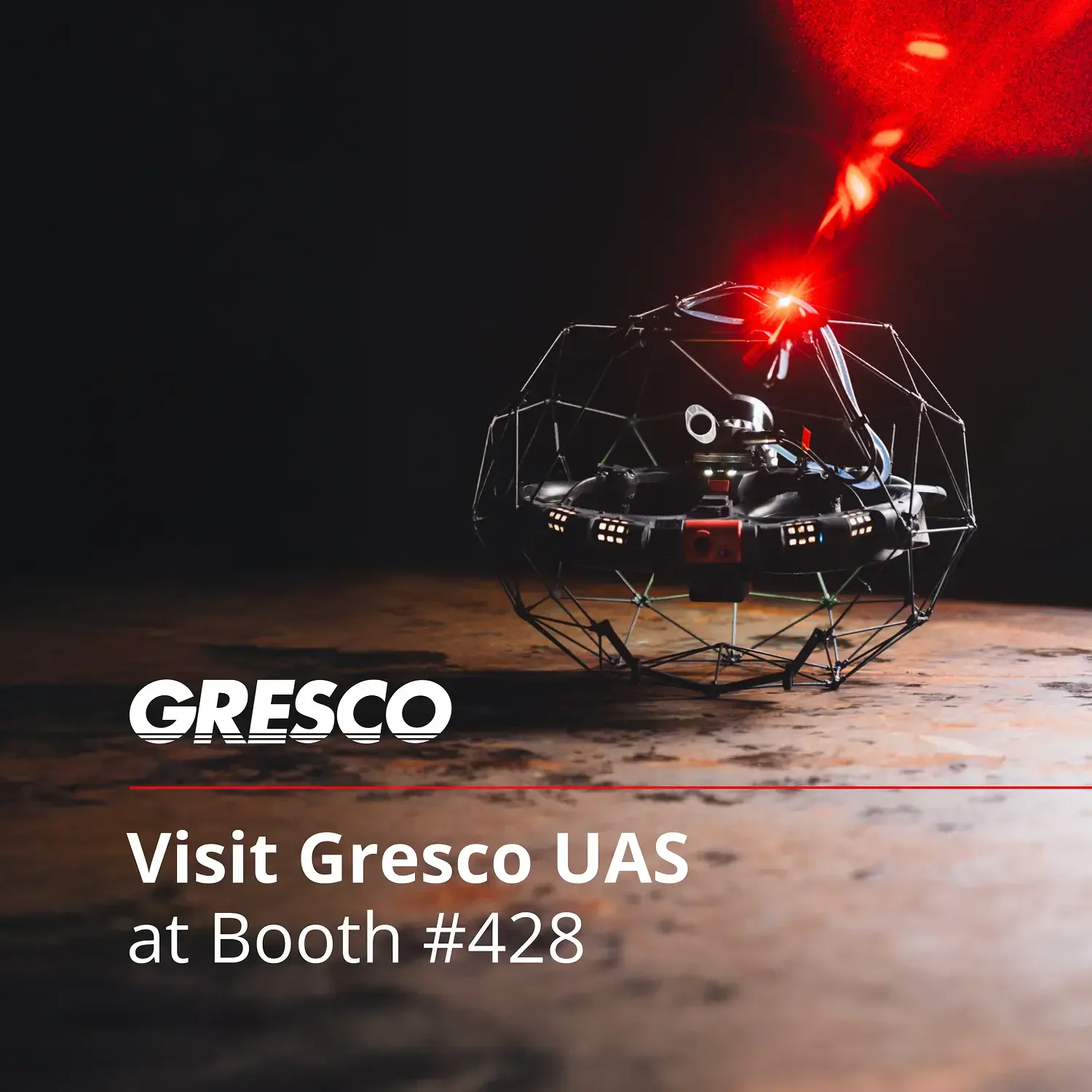 Gresco UAS trade-show booth ad with illuminated drone