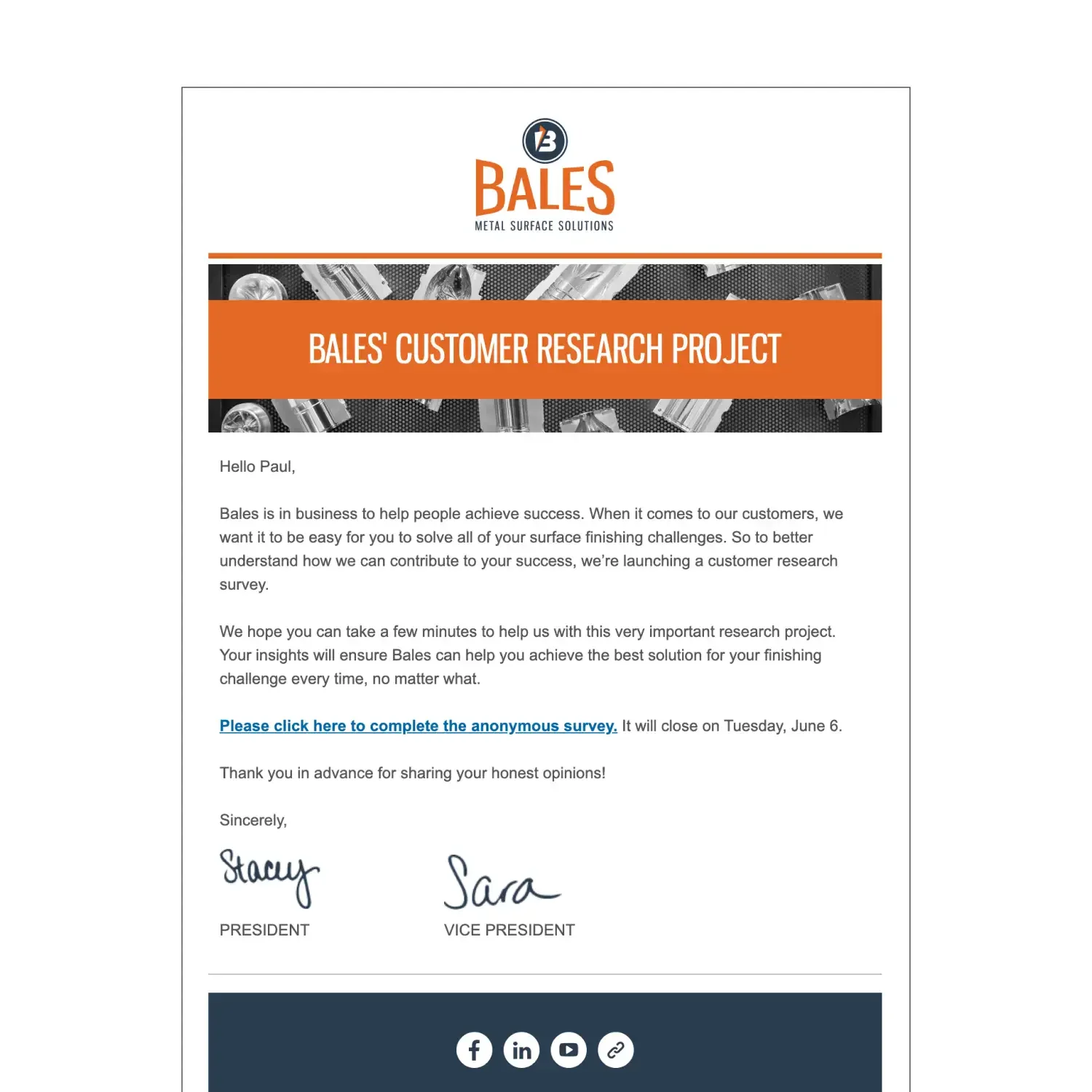 Bales Metal Surface Solutions preventive maintenance reminder email