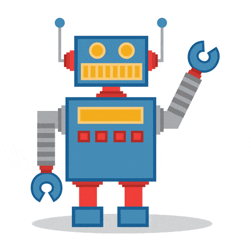 Cartoon robot with a blue body, red limbs, yellow eyes, and a smiling mouth, waving with one hand.