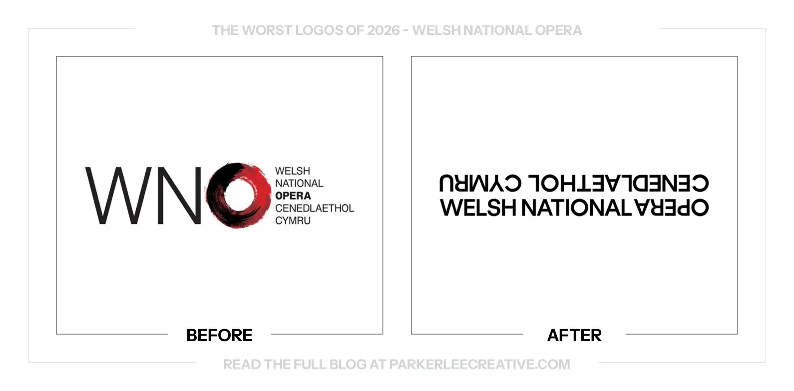 Welsh National Opera’s previous WNO logo beside its updated bilingual wordmark, with Welsh text inverted above the English name.
