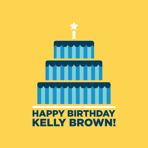 A three-tier birthday cake with blue frosting, a star on top, and the message "Happy Birthday Kelly Brown!" on a yellow background.