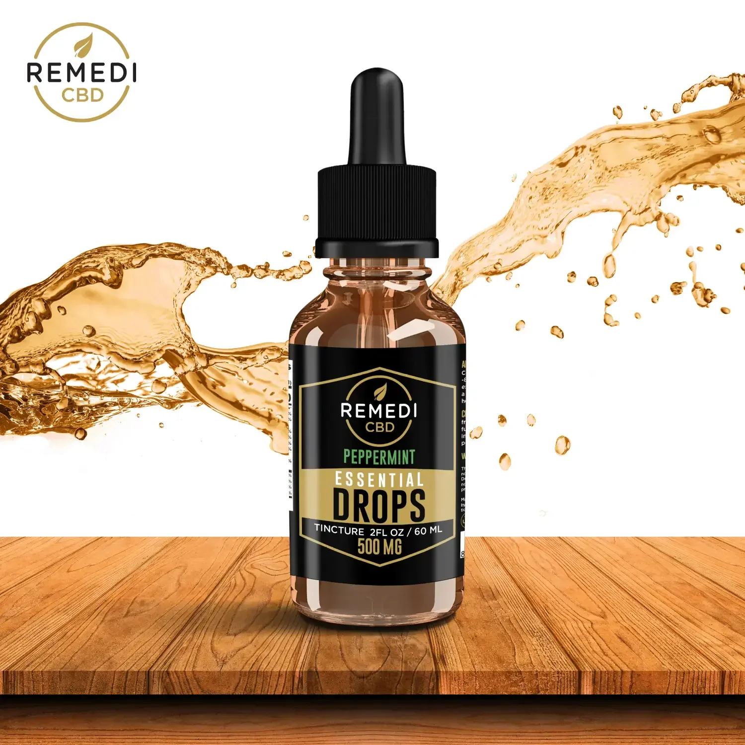 REMEDI CBD peppermint essential drops bottle with a liquid splash behind it.