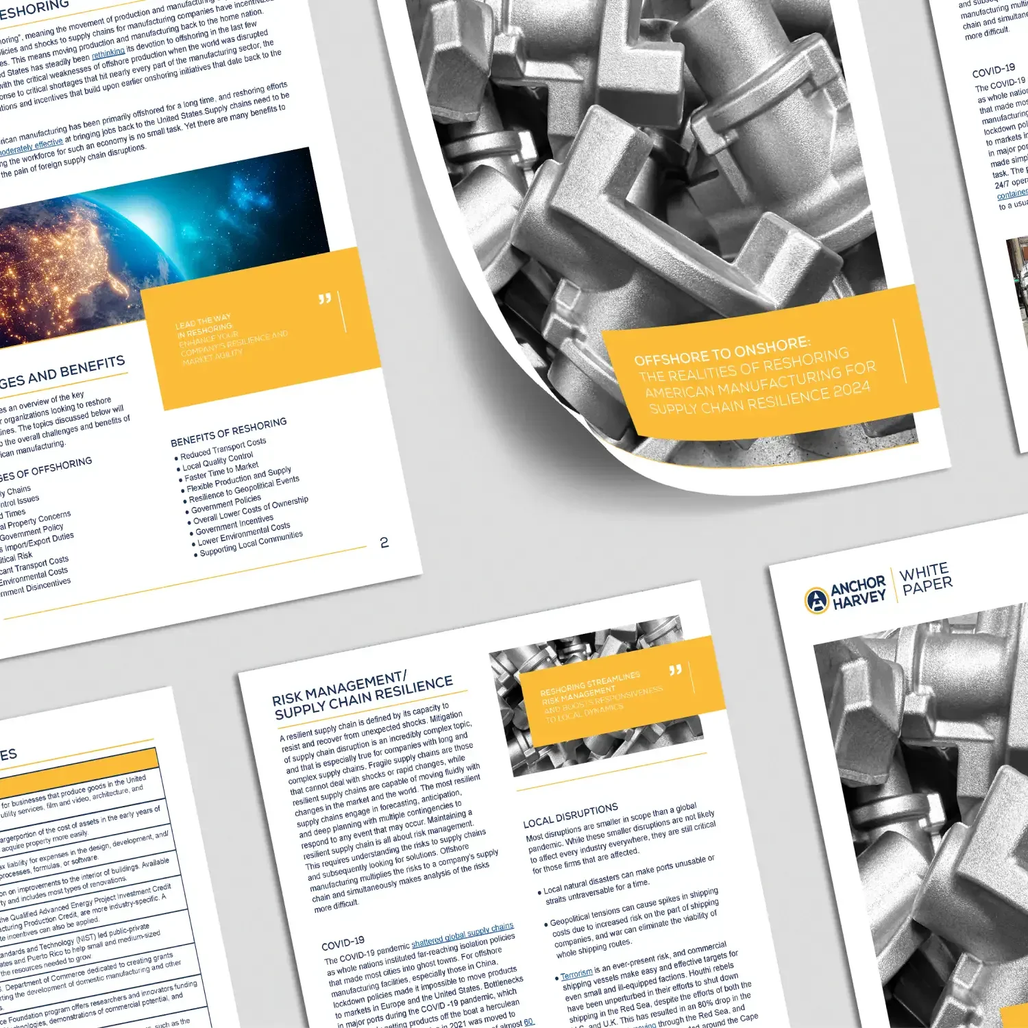 Offshore manufacturing documents and metal hardware components on a gray surface.