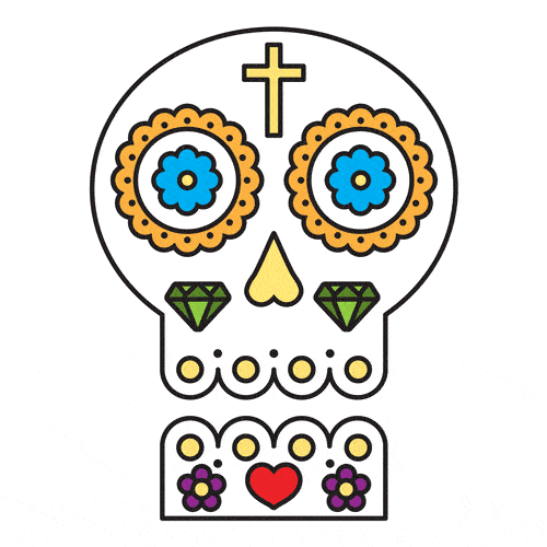Colorful sugar skull illustration with floral eye sockets, a cross on the forehead, and a heart on the chin, decorated with various patterns and flowers.