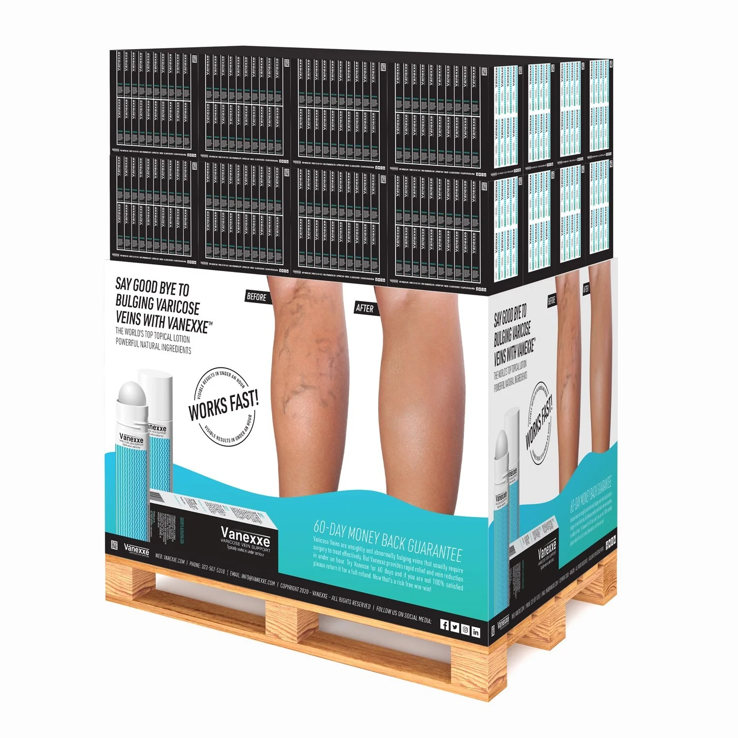 Product packaging for Vanexxe topical lotion to treat varicose veins, featuring an image of a leg with visible veins before and after treatment, and an illustration of the roller applicator.