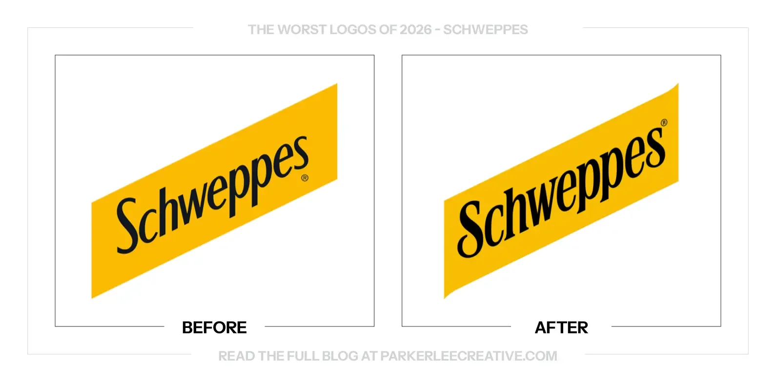 Schweppes logo before and after the identity update.