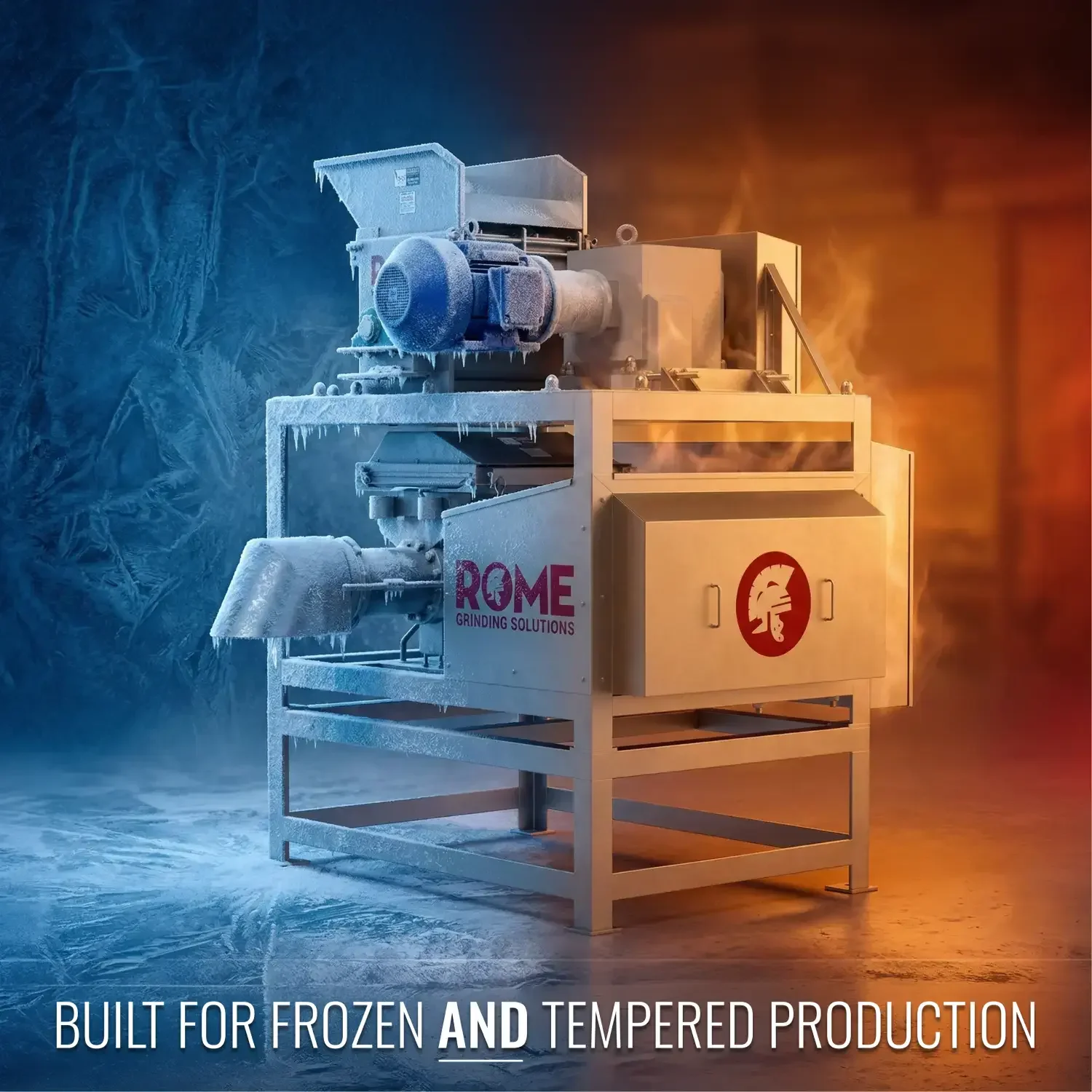 Frost-covered ROME Grinding Solutions industrial machine in blue and orange light.