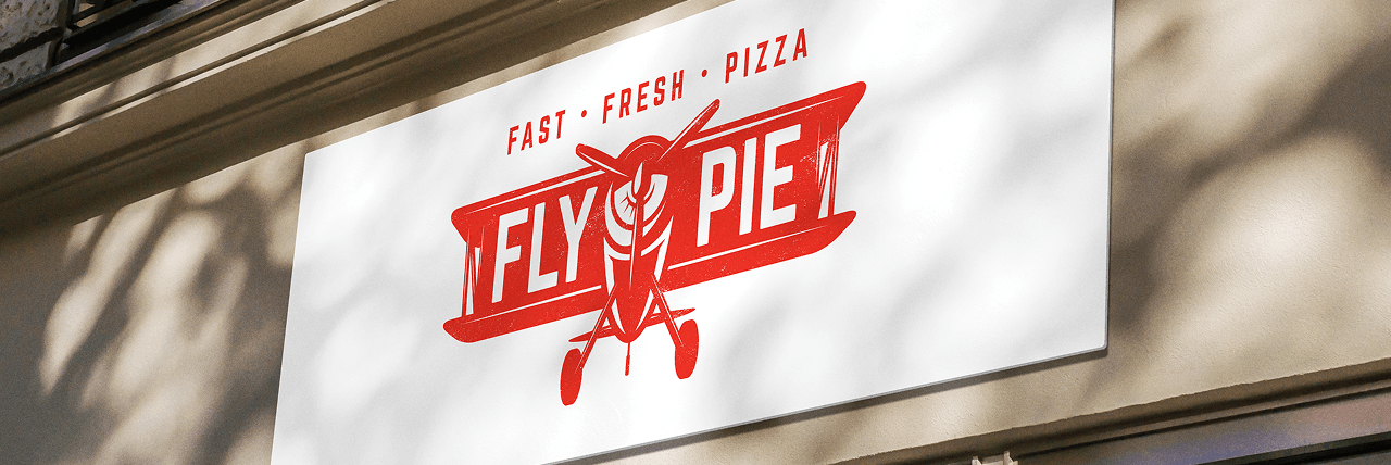 Fly Pie fast-fresh pizza storefront sign with illustrated airplane identity