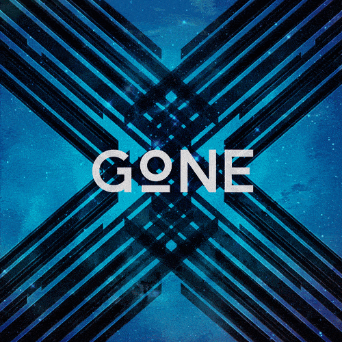 Abstract digital artwork with the word 'GONE' in the center, featuring geometric lines and a starry background.
