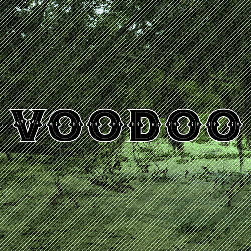 Sign with the word 'VOODOO' in large black outlined letters against a background of green trees and grass.