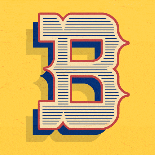 The letter B designed with striped lines and shadowed in red and blue on a yellow background.